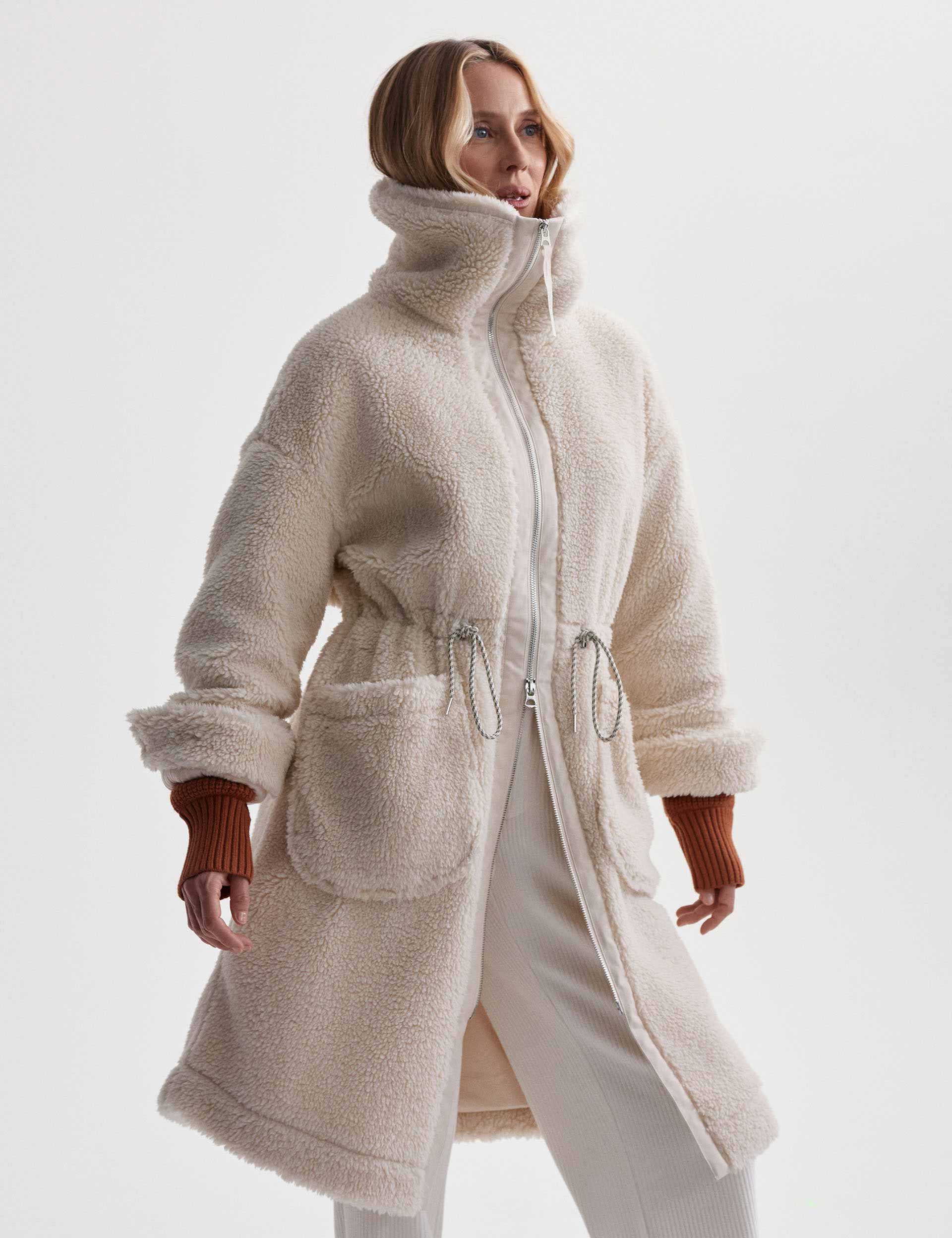 Logan Sherpa Coat for Women - Soft Fleece Lined Winter Jacket in Sandshell - Cozy Outerwear for Cold Weather & Outdoor Adventures