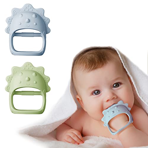 Dinosaur Baby Teether Toy - Soft Silicone Teething Mittens for Infants, Anti-Drop Chew Toys for Soothing Teething Pain Relief (2 Pack) - Perfect for On-the-Go & Home Use