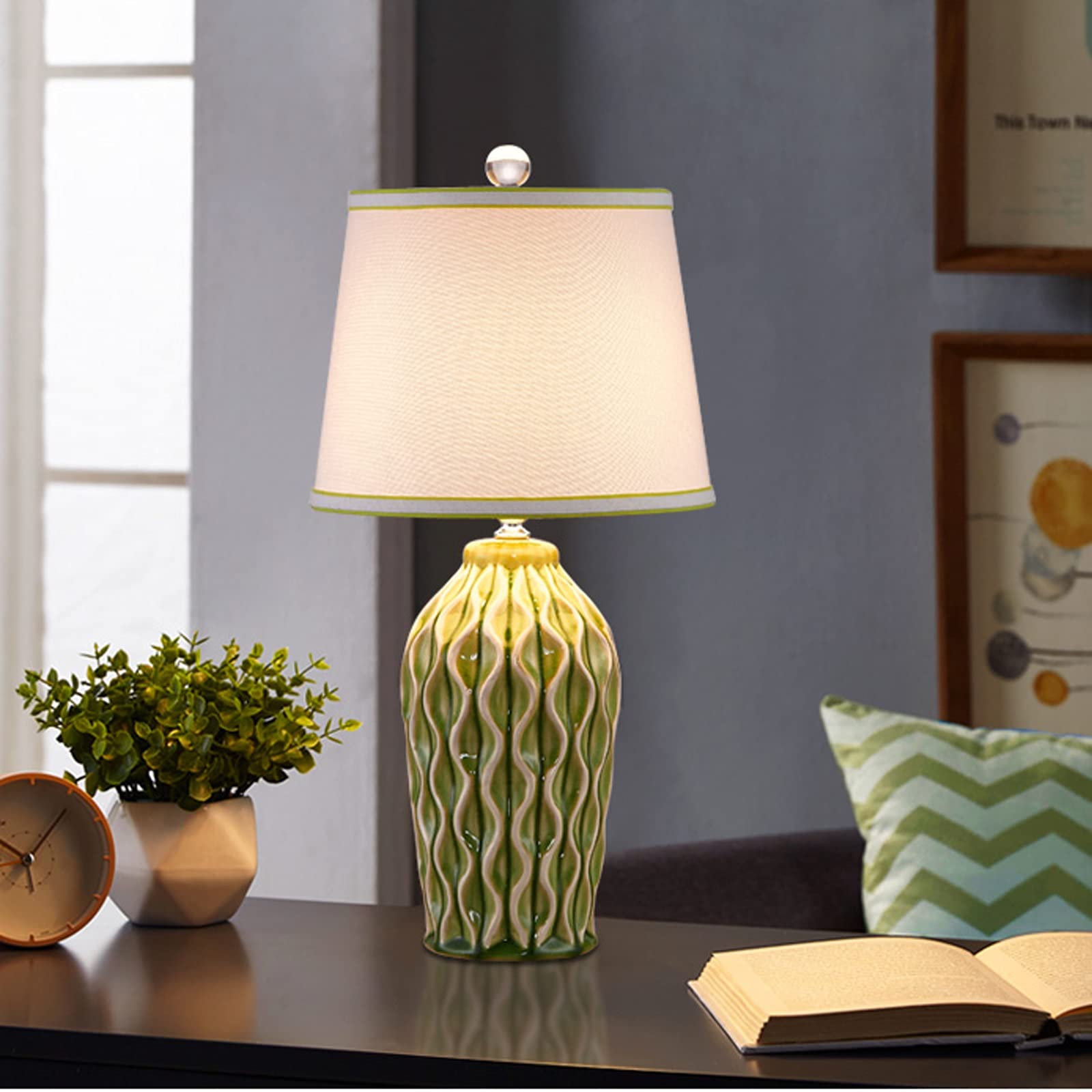 TOMYEUS Nordic Style Ceramic Bedside Lamp with Fabric Lampshade - 19.7