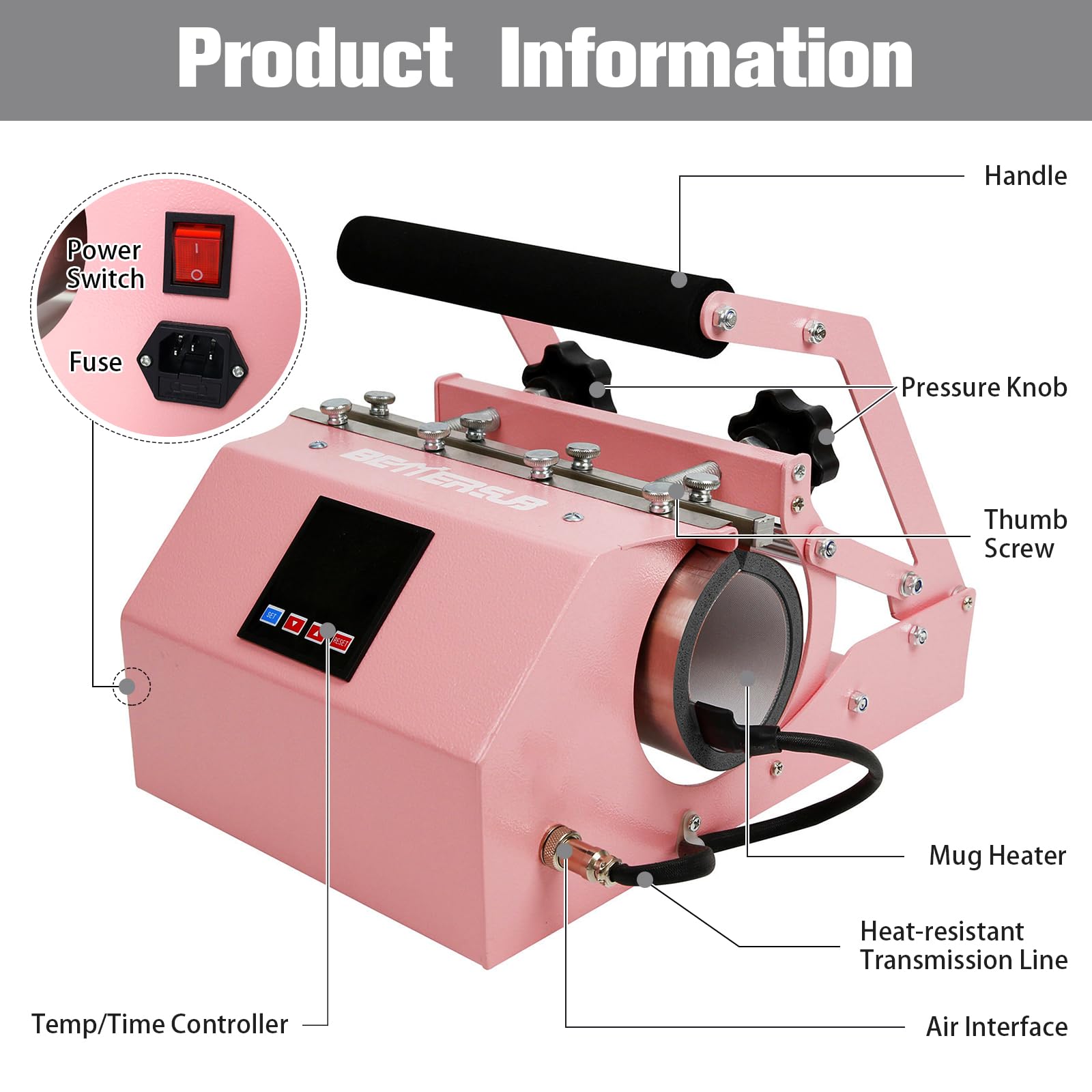 BetterSub 3-in-1 Sublimation Heat Press Machine for 11oz-30oz Tumblers, Mugs & Shot Glasses - Perfect for DIY Custom Drinkware, Gifts & Small Business (Pink)