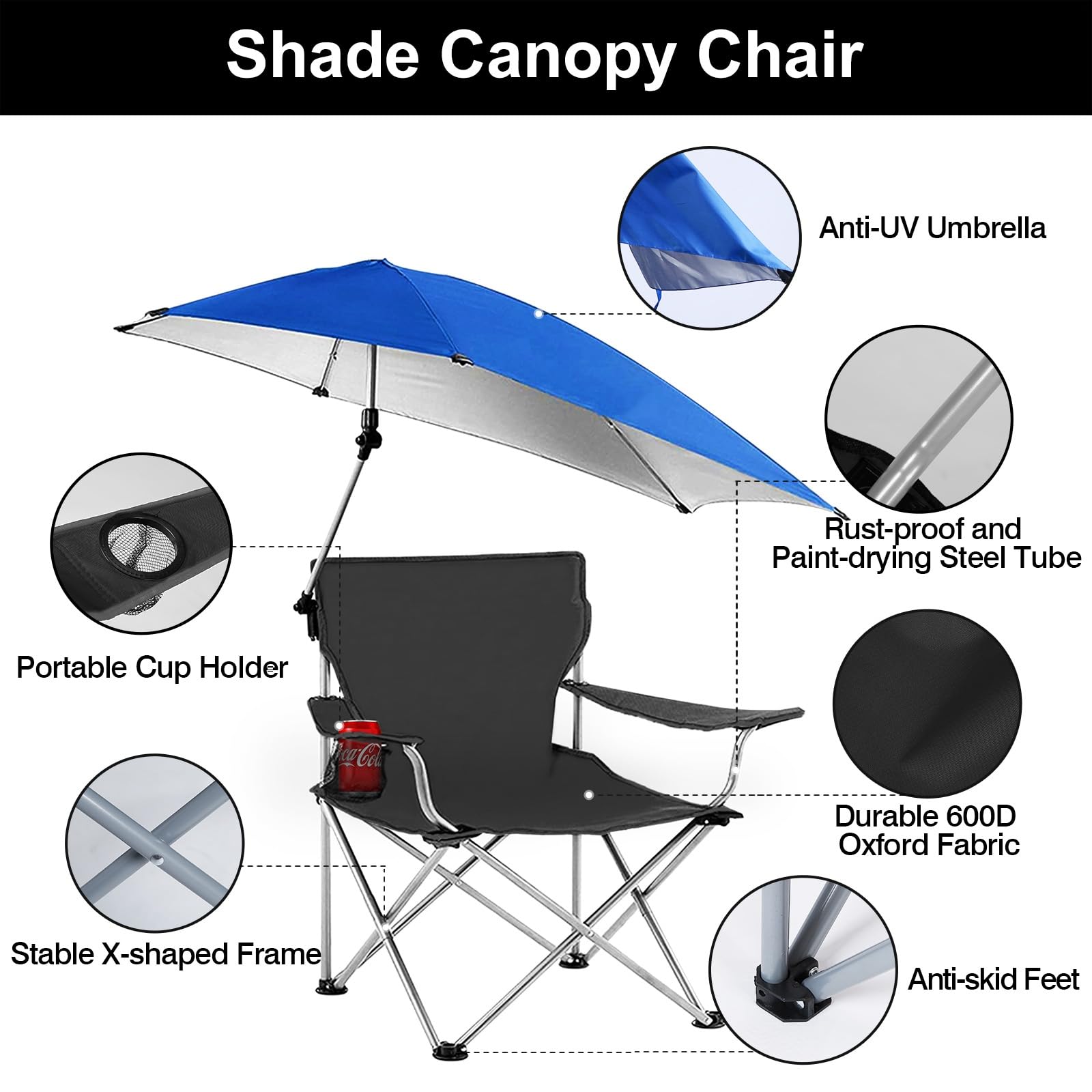 UPF 50+ Adjustable Beach Chair with Sun Umbrella - Portable Folding Outdoor Recliner for Adults, Camping, Hiking & Beach - Includes Cup Holder & Carry Bag - Supports 350 lbs (US Stock) - Perfect for Relaxing at the Shore, Poolside Lounging & Outdoor Adventures
