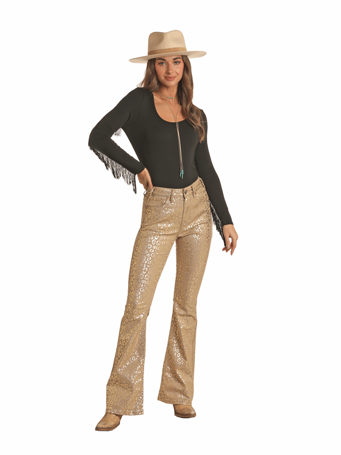 Rock & Roll Denim RRWD6HR0GV Women's High Rise Flare Pants - Khaki Cheetah Print Stretch Jeans for Casual Wear & 70s Retro Style Outfits