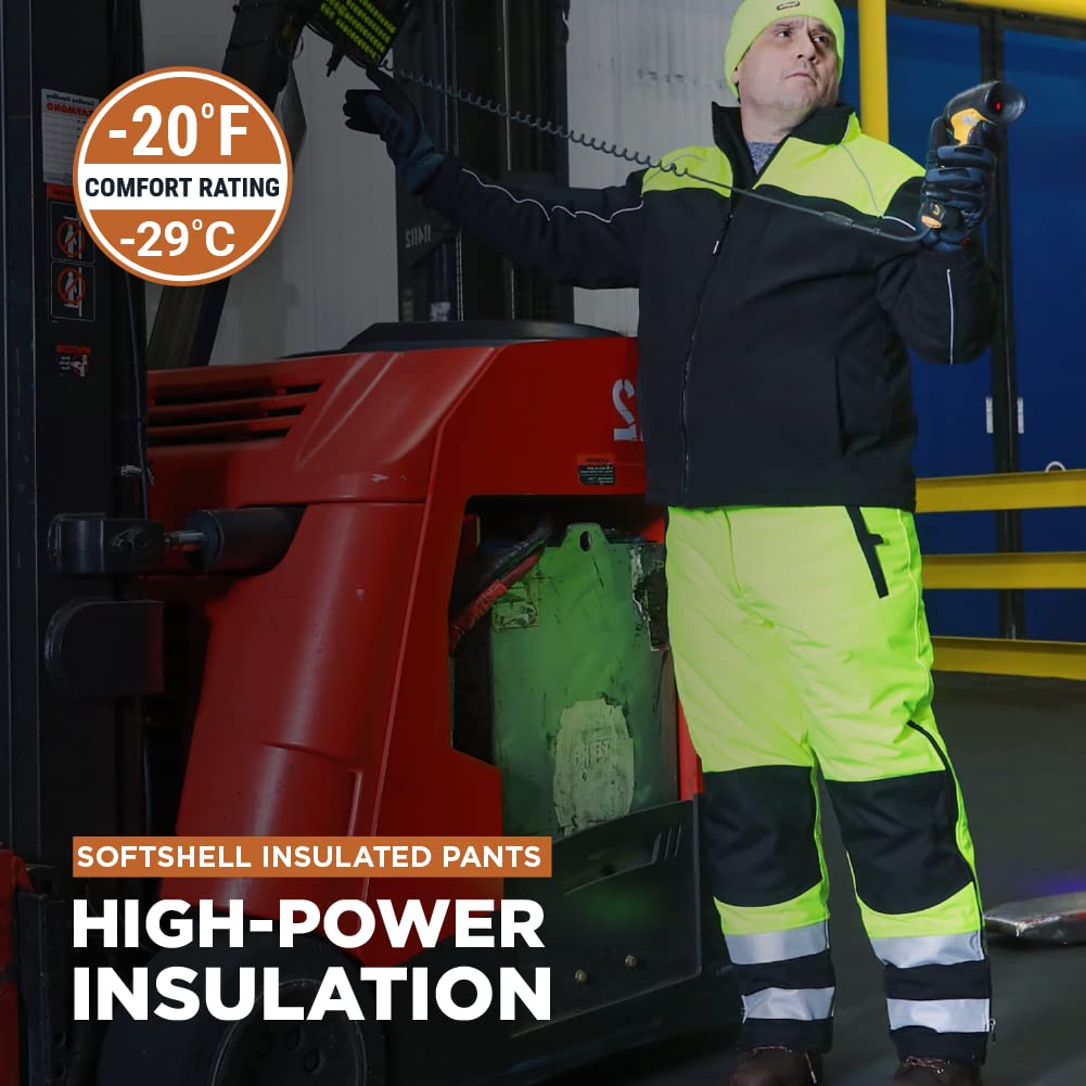 RefrigiWear Hi-Vis Insulated Softshell Pants for Men - Waterproof, Windproof & Warm Workwear for Cold Weather Jobs & Outdoor Activities