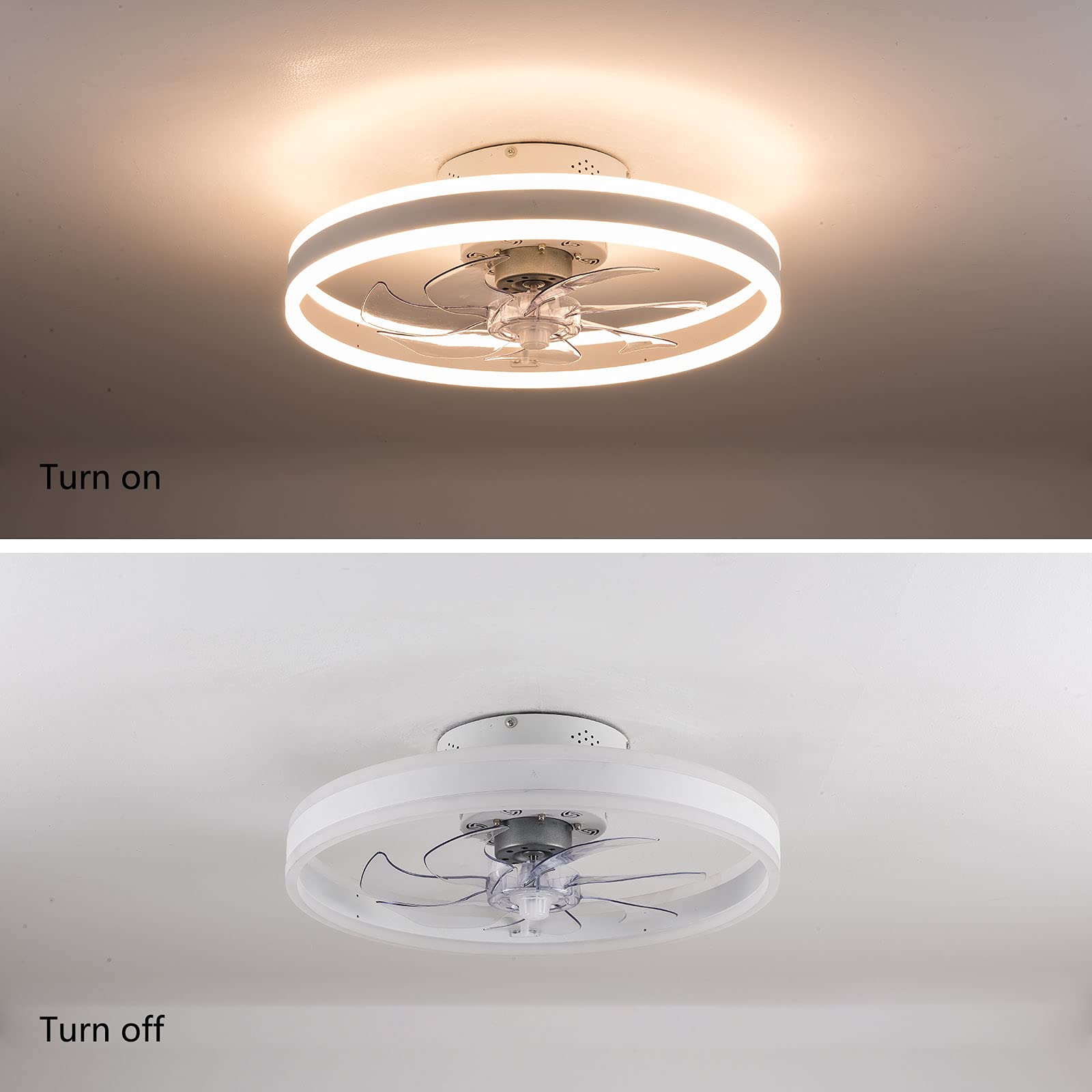 OUKANING Low Profile Ceiling Fan with Light - Modern Flush Mount Enclosed Ceiling Fan, Invisible Fan Chandelier (White) - Perfect for Bedroom, Living Room & Office Spaces