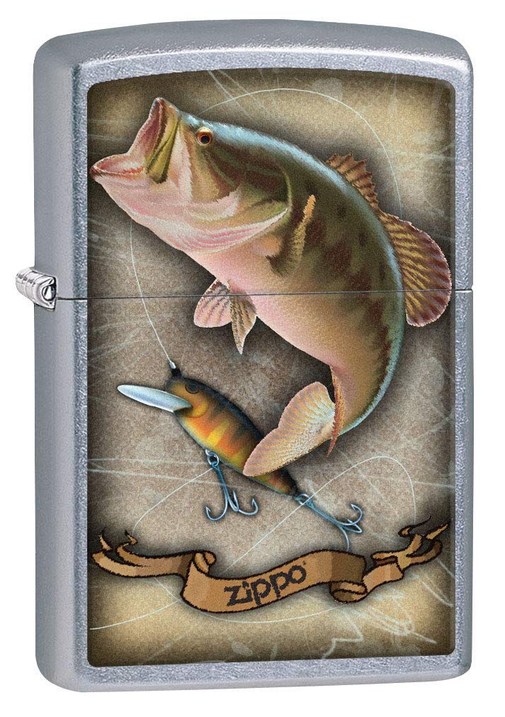 Zippo Lighter Bass Fishing Design with Lure - Street Chrome 80472 | Windproof Refillable Metal Lighter for Outdoor Camping, Fishing & Everyday Carry