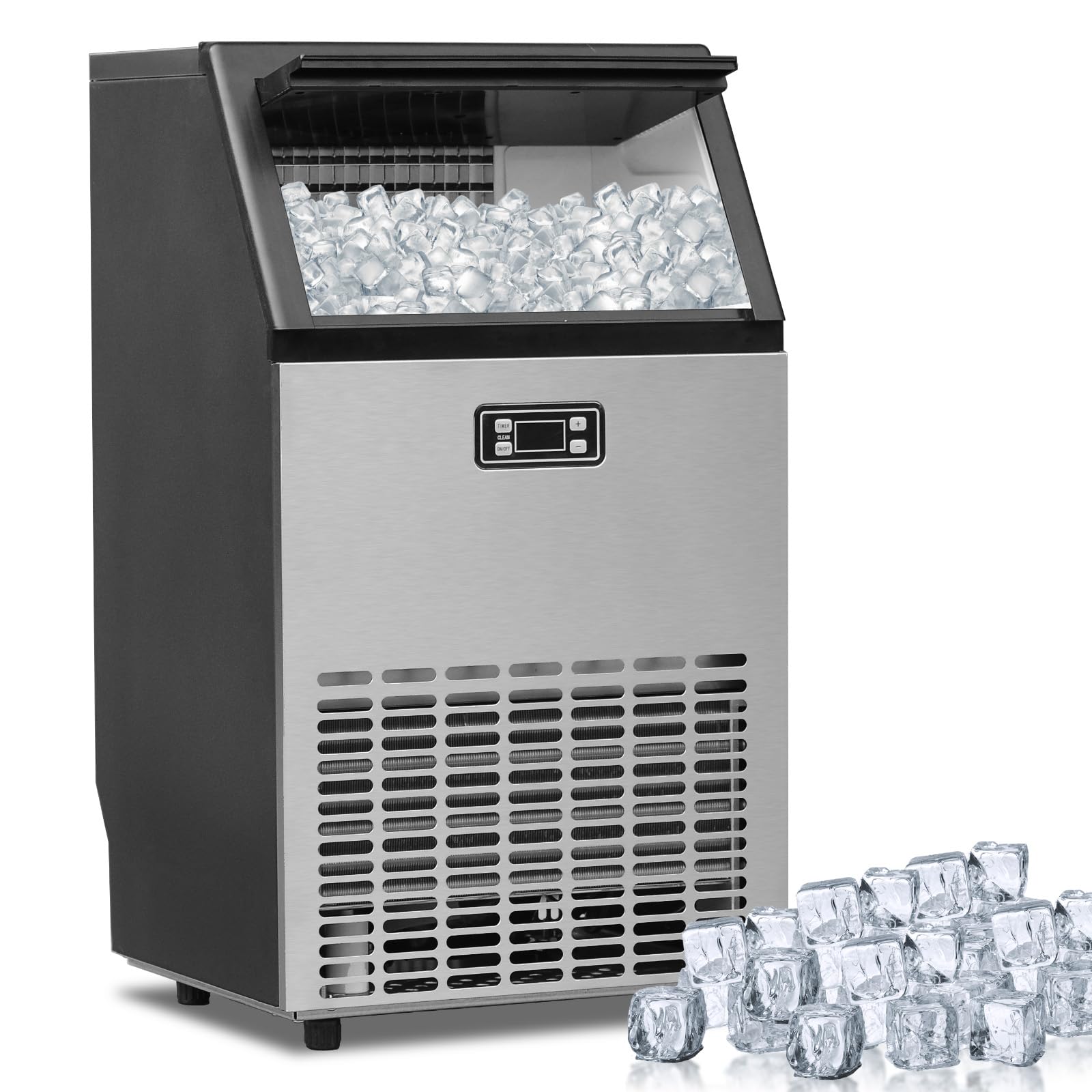 Commercial Ice Maker Machine 100 lbs/24h with LCD Panel & 33lbs Storage - Stainless Steel Ice Machine for Restaurants, Offices, Home Bars, Cafes & Outdoor Events