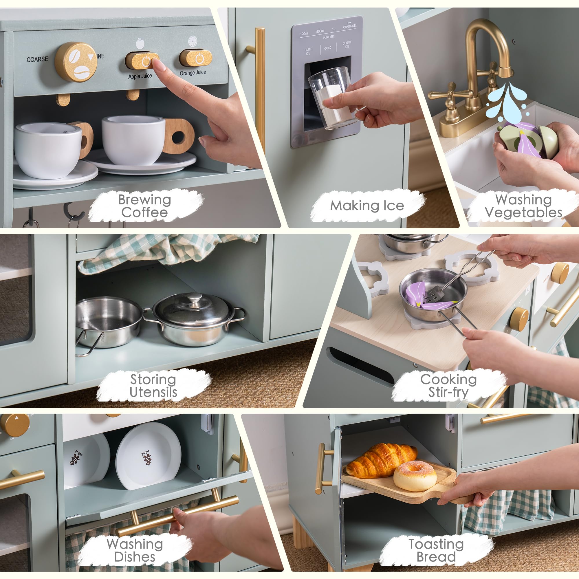ROBUD Wooden Play Kitchen Set for Kids - Pretend Play Toy with Ice Maker, Refrigerator, Coffee Machine, Oven, Dishwasher & Microwave - Complete Kitchen Accessories - Educational Gift for Boys & Girls Ages 3+ - Perfect for Imaginative Play, Role-Playing & Early Learning Development