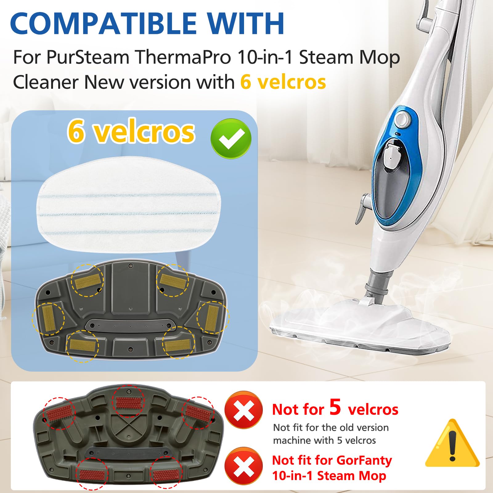 LINNIW 6 Pack Replacement Steam Mop Pads for PurSteam ThermaPro 10-in-1 - Super Absorbent Microfiber Cleaning Cloths for Floors, Tiles & Hardwood - Perfect for Kitchen, Bathroom & Pet Hair Removal
