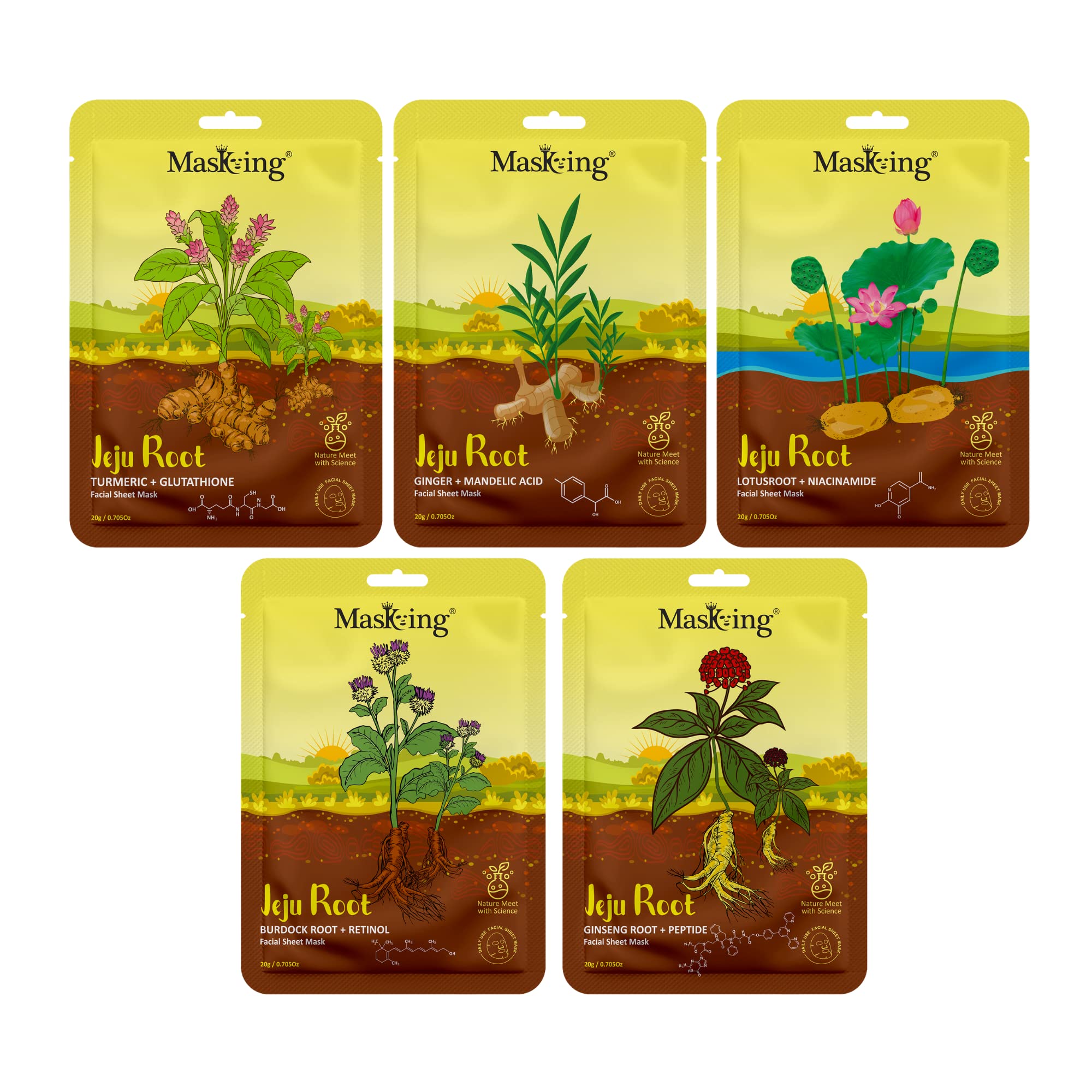 Jeju Root Face Sheet Mask for Skin Moisturizing & Brightening - Hydrating & Whitening Facial Mask for Men & Women - Pack of 5 - Perfect for Daily Skincare & Spa Night Routine