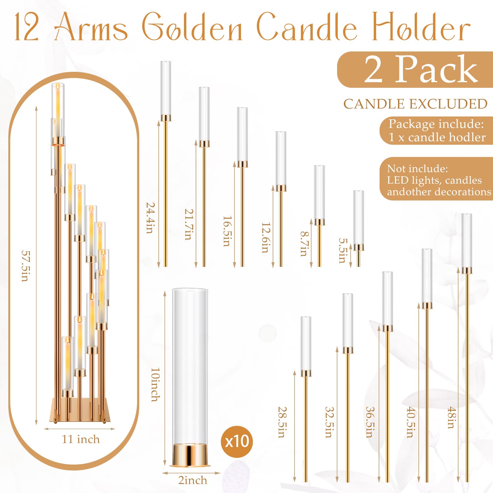 2-Pack Gold 12-Arm Candelabra Floor Stand - 57.5 Inch Tall Wedding Centerpiece with Clear Acrylic Shades & LED Candles for Valentine's Day, Christmas, Spring Decor | Elegant Home & Event Lighting