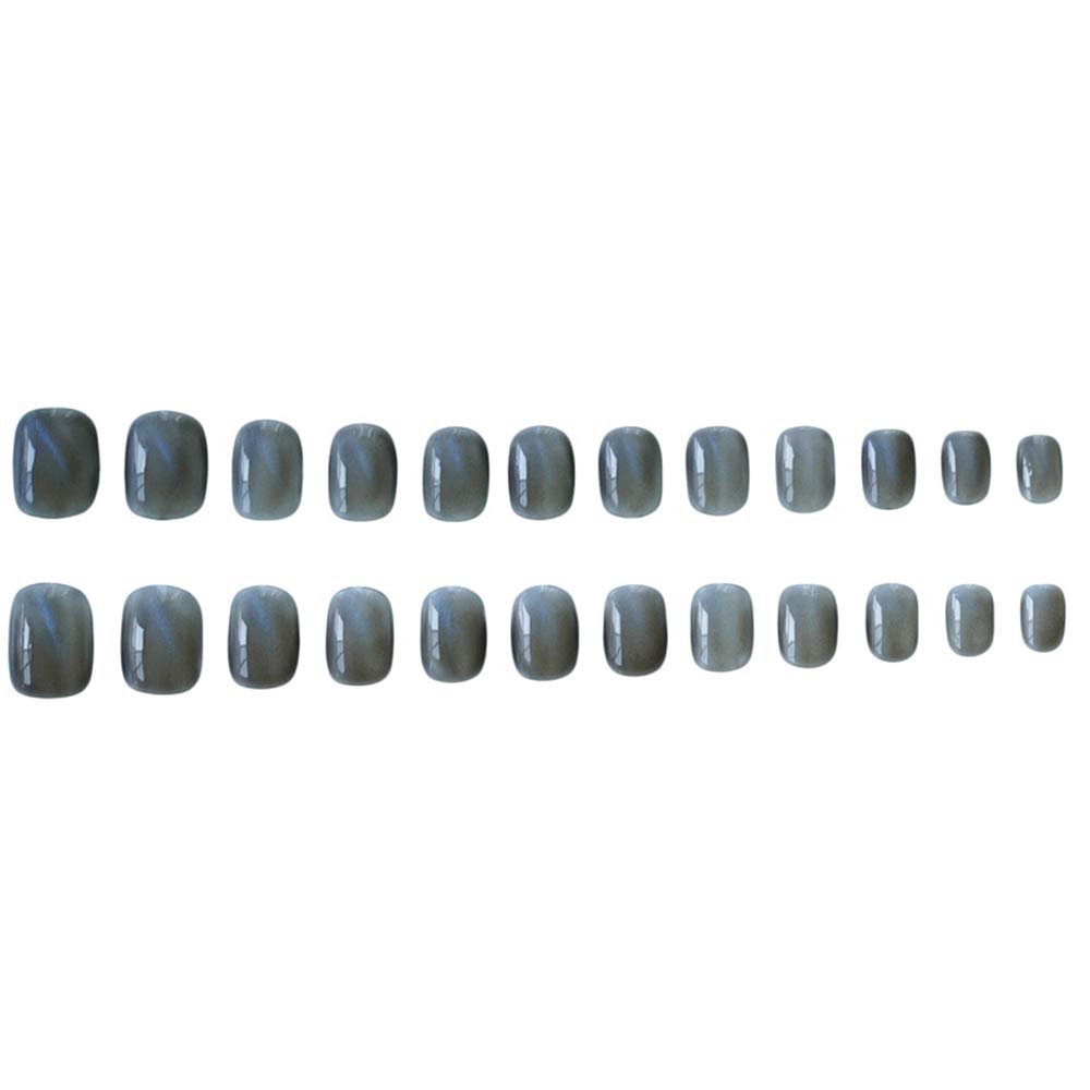24Pcs Glitter Cat Eye False Nails - Short Square Press on Nails with Glue & Stickers - Blue Glossy Full Cover Fake Nails for Women & Girls - Perfect for Parties, Weddings, and Special Occasions