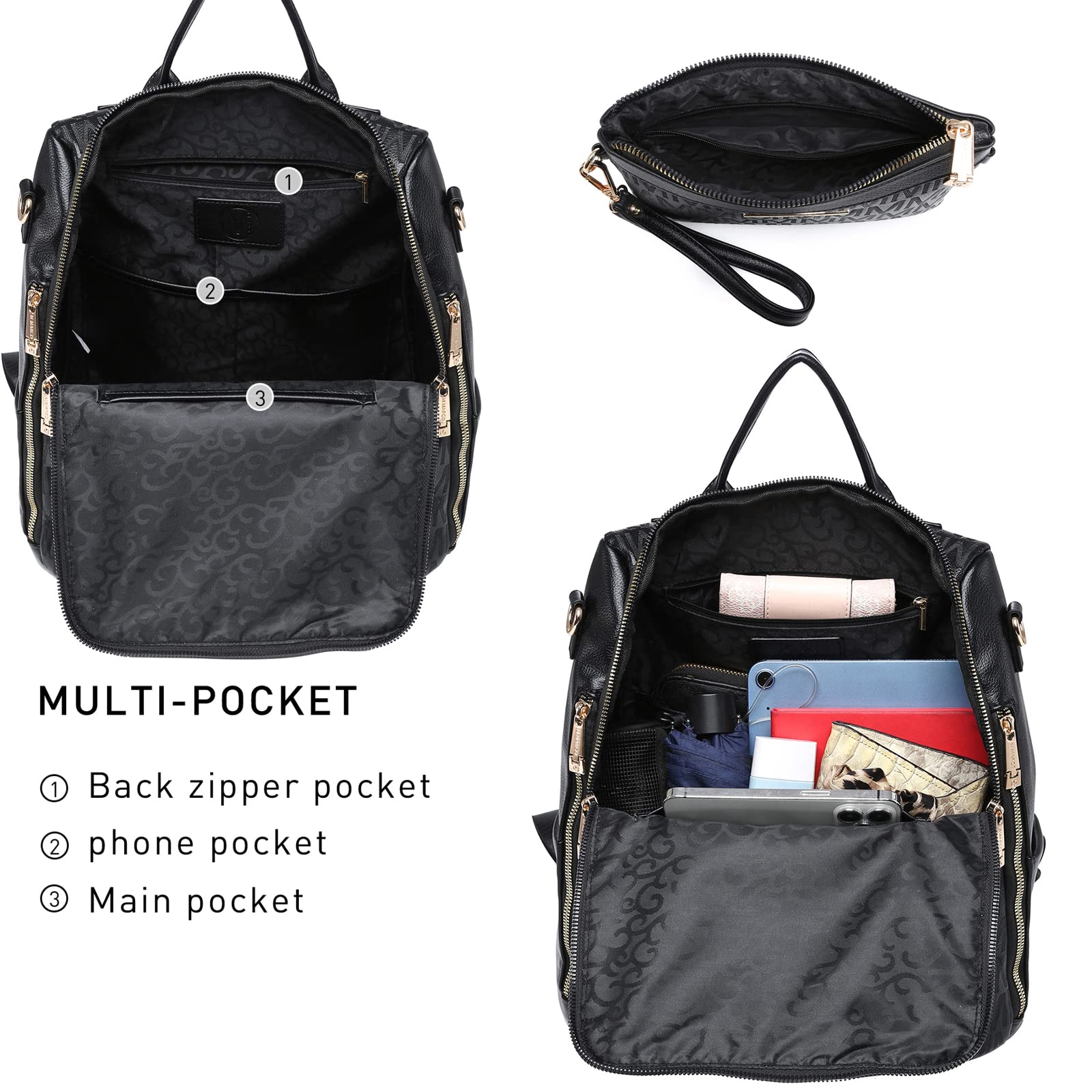 MKP Women's Fashion Backpack Purse - PU Leather Convertible Shoulder Bag & Handbag 2PCS Set for Travel, Work, School & Daily Use