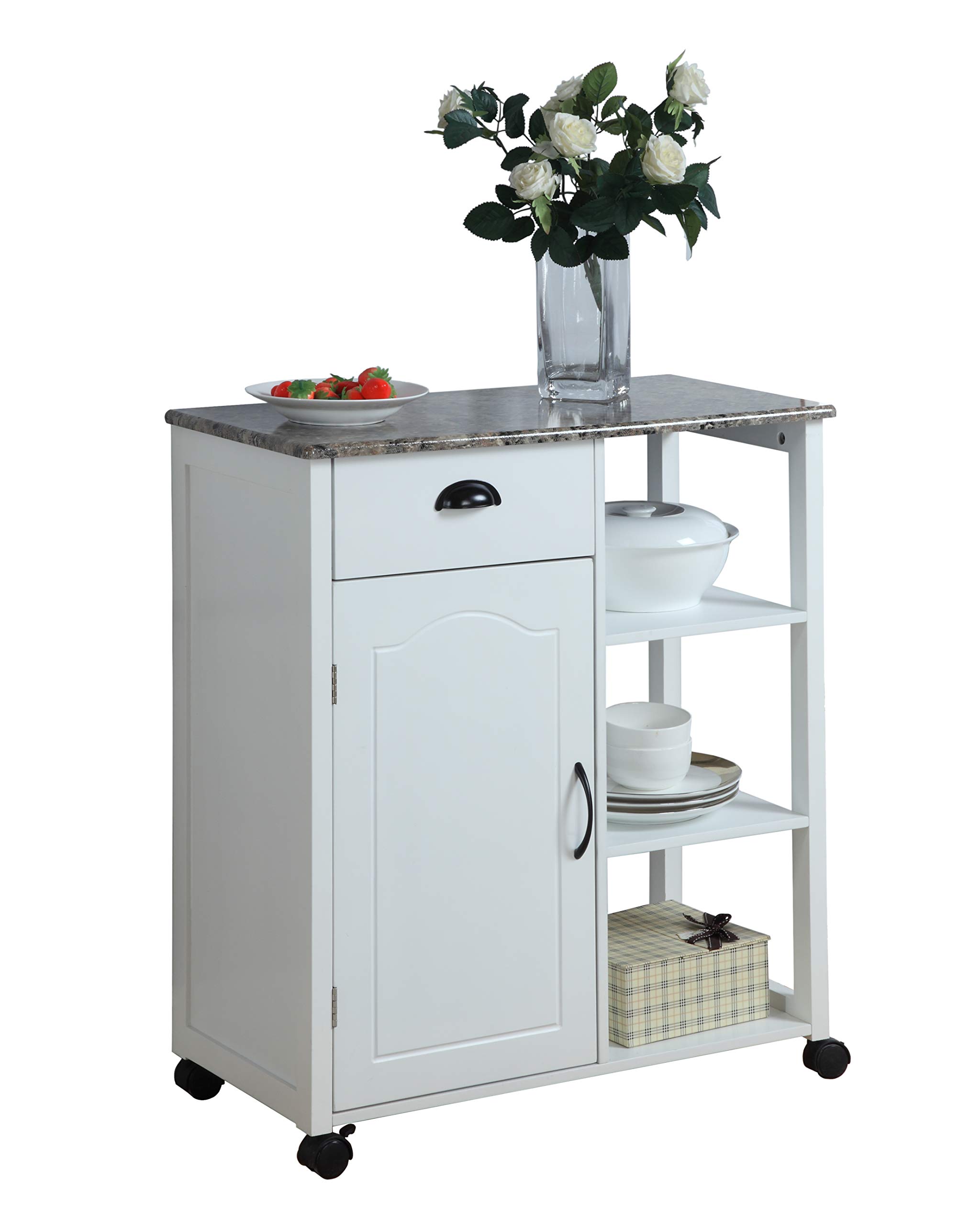 King's Brand White Finish Wood & Marble Vinyl Top Kitchen Storage Cabinet Cart - Perfect for Small Spaces, Pantry Organization & Dining Room Storage