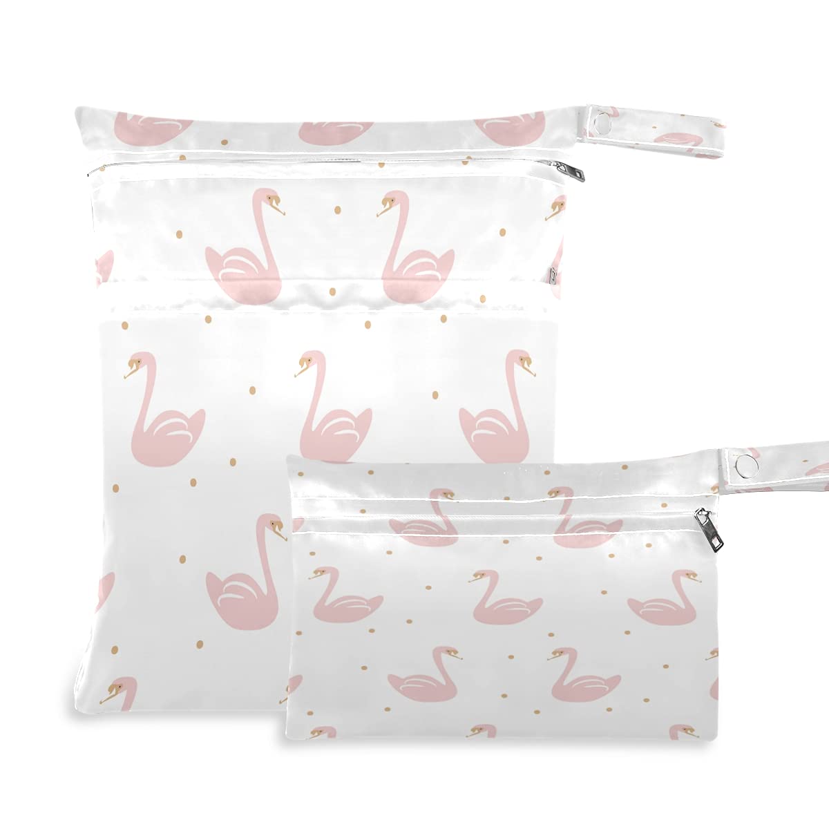 Waterproof Wet Dry Bags for Diapers - Pink Swan Pattern Reusable Hanging Organizer Pouch with Pocket | Washable Cloth Diaper Bag for Travel, Camping, Beach & Baby Essentials Storage