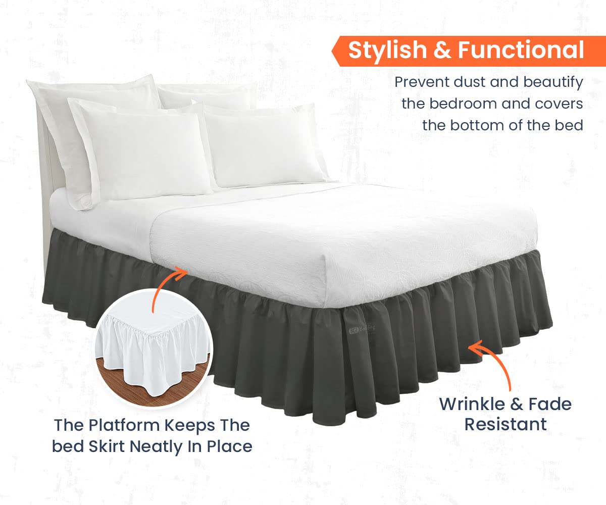 SGI Bedding 21 Inch Ruffled Bed Skirt - Soft Microfiber Dust Ruffle with Extra Storage Space - Fade, Wrinkle & Static Resistant - King Size Dark Grey - Perfect for Master Bedroom & Guest Room Decor