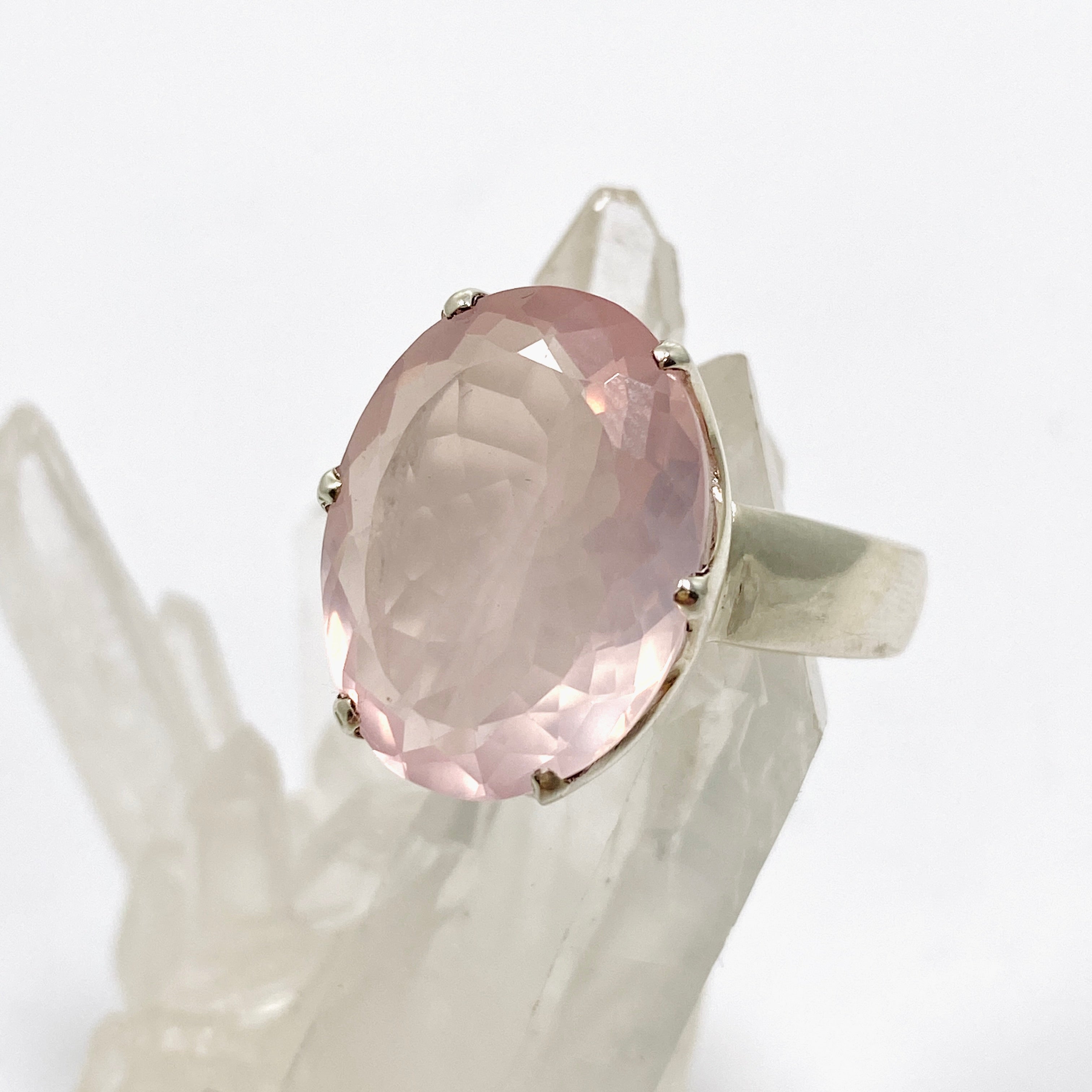 Rose Quartz Oval Faceted Ring Size 12 - Elegant Healing Crystal Jewelry for Women, Perfect for Meditation, Yoga & Spiritual Gifts (PRGJ876)