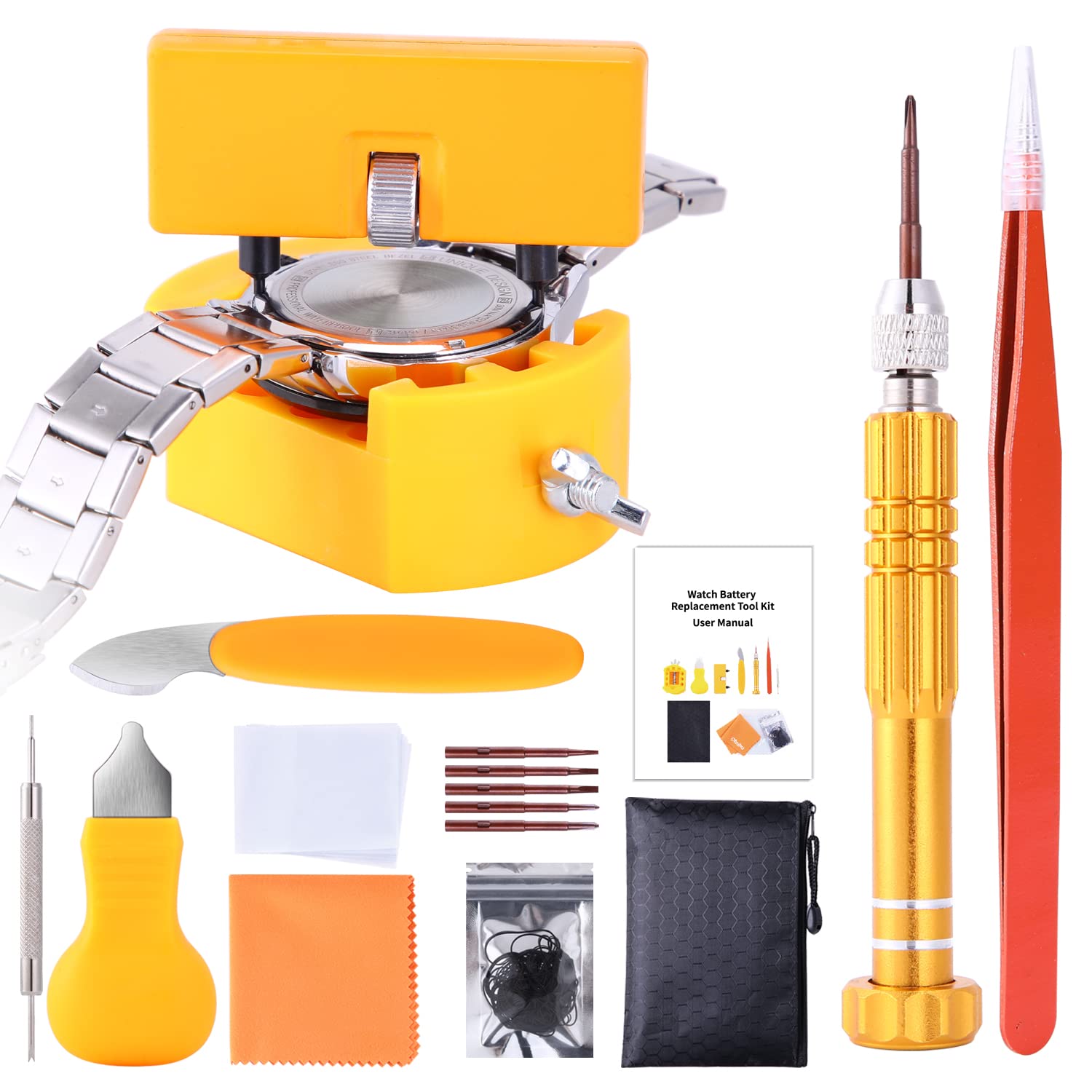 Ohuhu Professional Watch Battery Replacement Tool Kit - Upgraded Watch Repair Kit with Back Remover Opener, Case Opener, Screwdriver, Protective Films & Sealing Rings | Perfect for Watch Repair, Battery Change & Maintenance at Home or Jewelry Shop