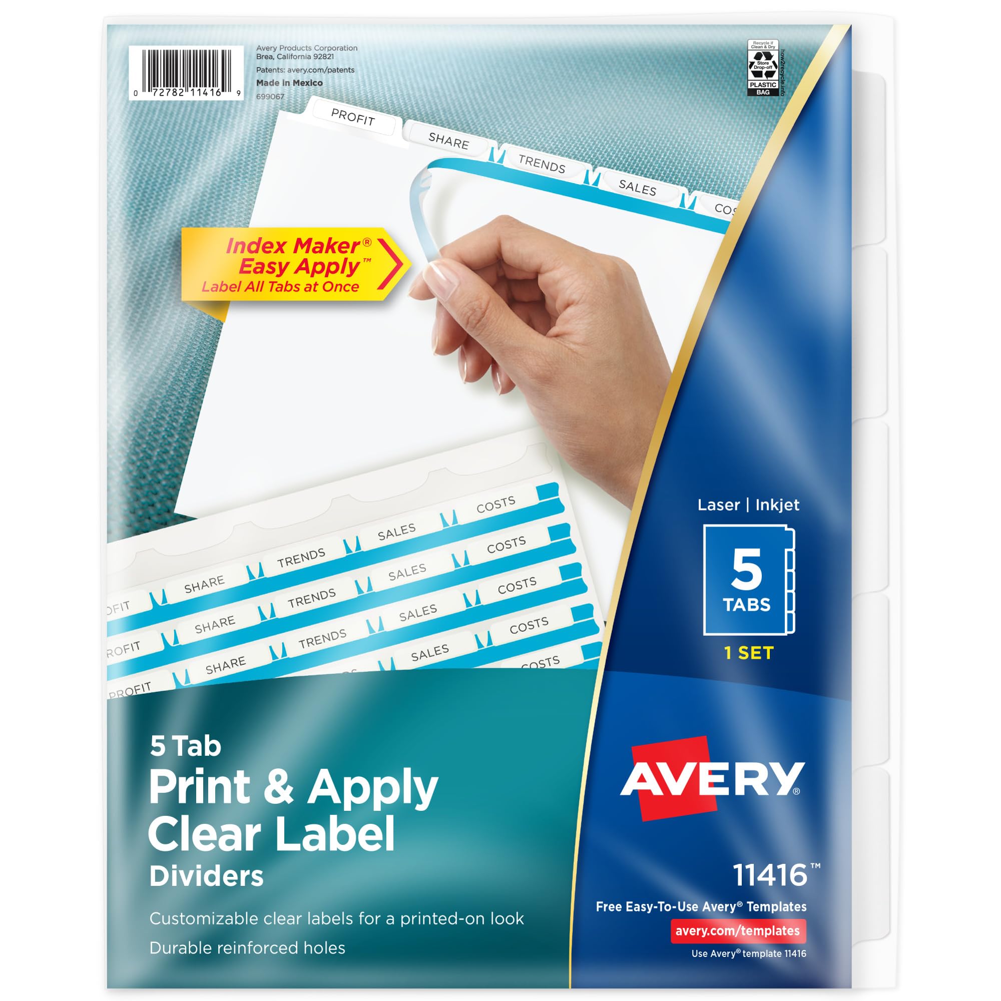 Avery 5-Tab Dividers for 3-Ring Binder - Printable Clear Label Strips & Customizable White Index Tabs (Set of 1, 11416) - Perfect for Office Organization, School Binders, and Document Filing