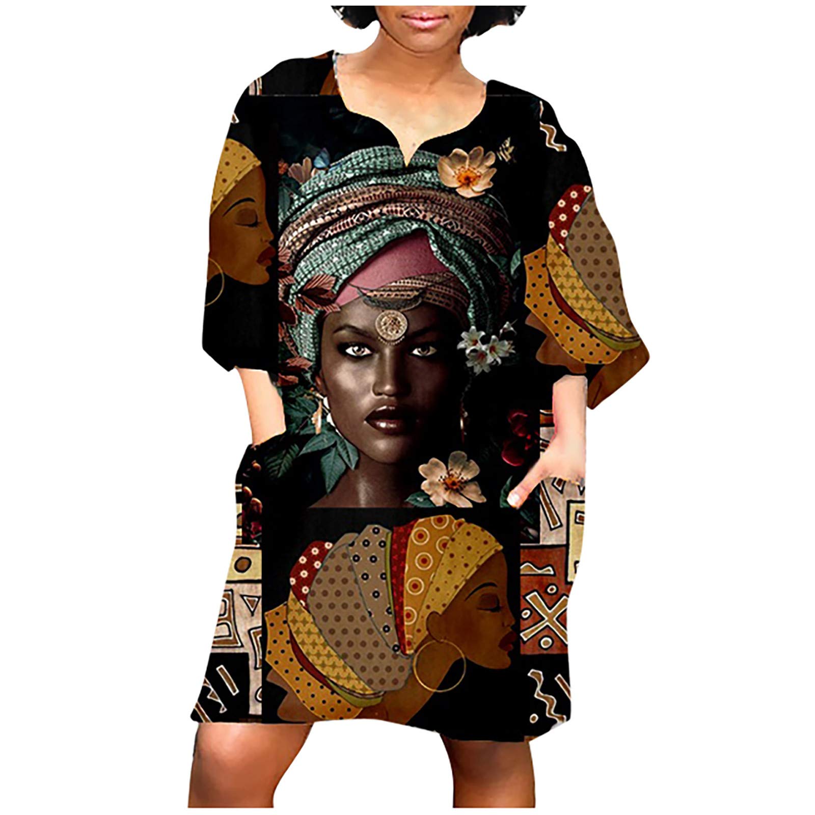 Women's V-Neck Short Sleeve African Print Bohemian Dress - Vintage Floral Casual Summer Dress for Women, Perfect for Beach Vacations, Music Festivals & Boho Chic Outfits