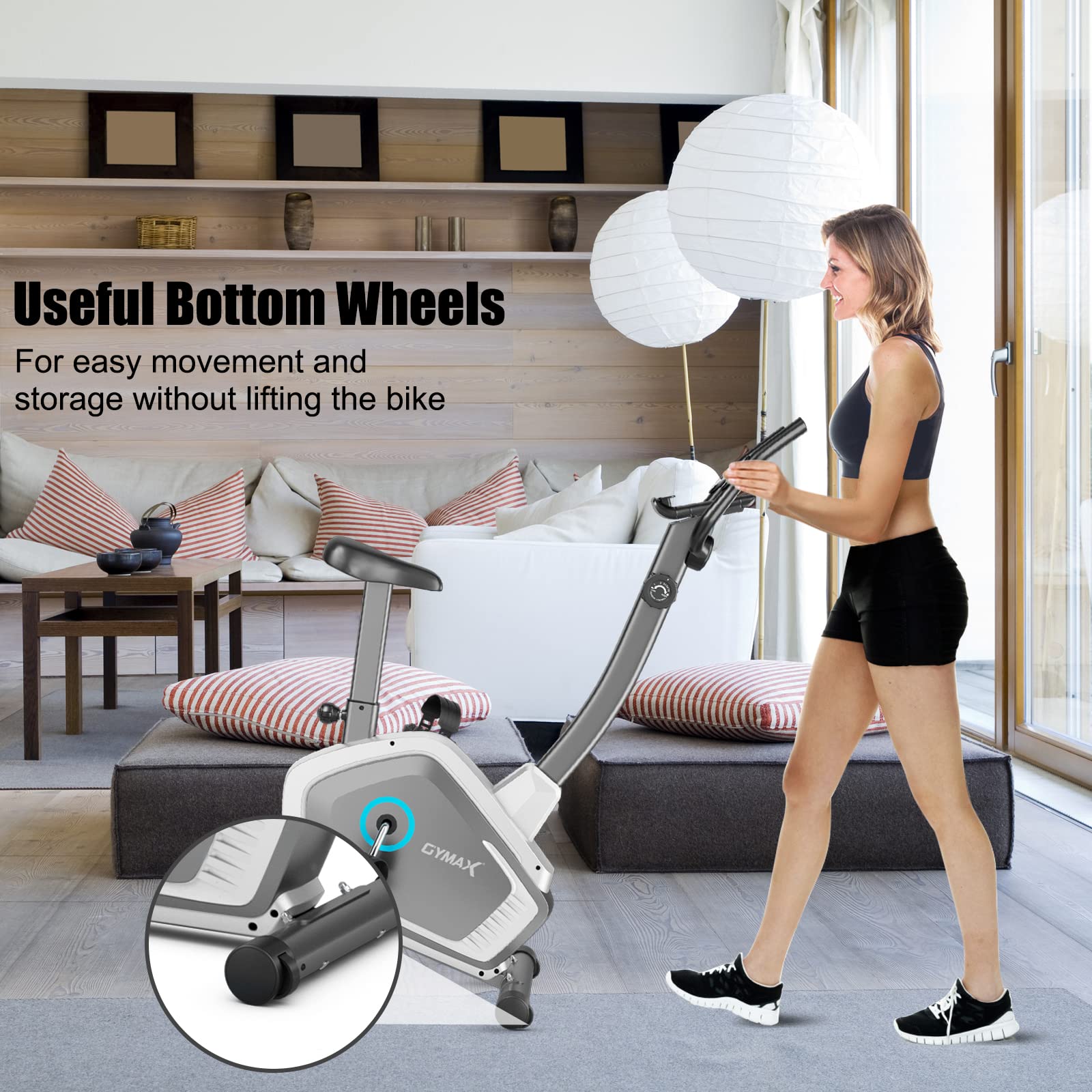 GYMAX Magnetic Upright Exercise Bike with LCD Monitor, Heart Rate Sensor & Transport Wheels - Indoor Cardio Equipment for Home Gym Workouts, Weight Loss & Fitness Training