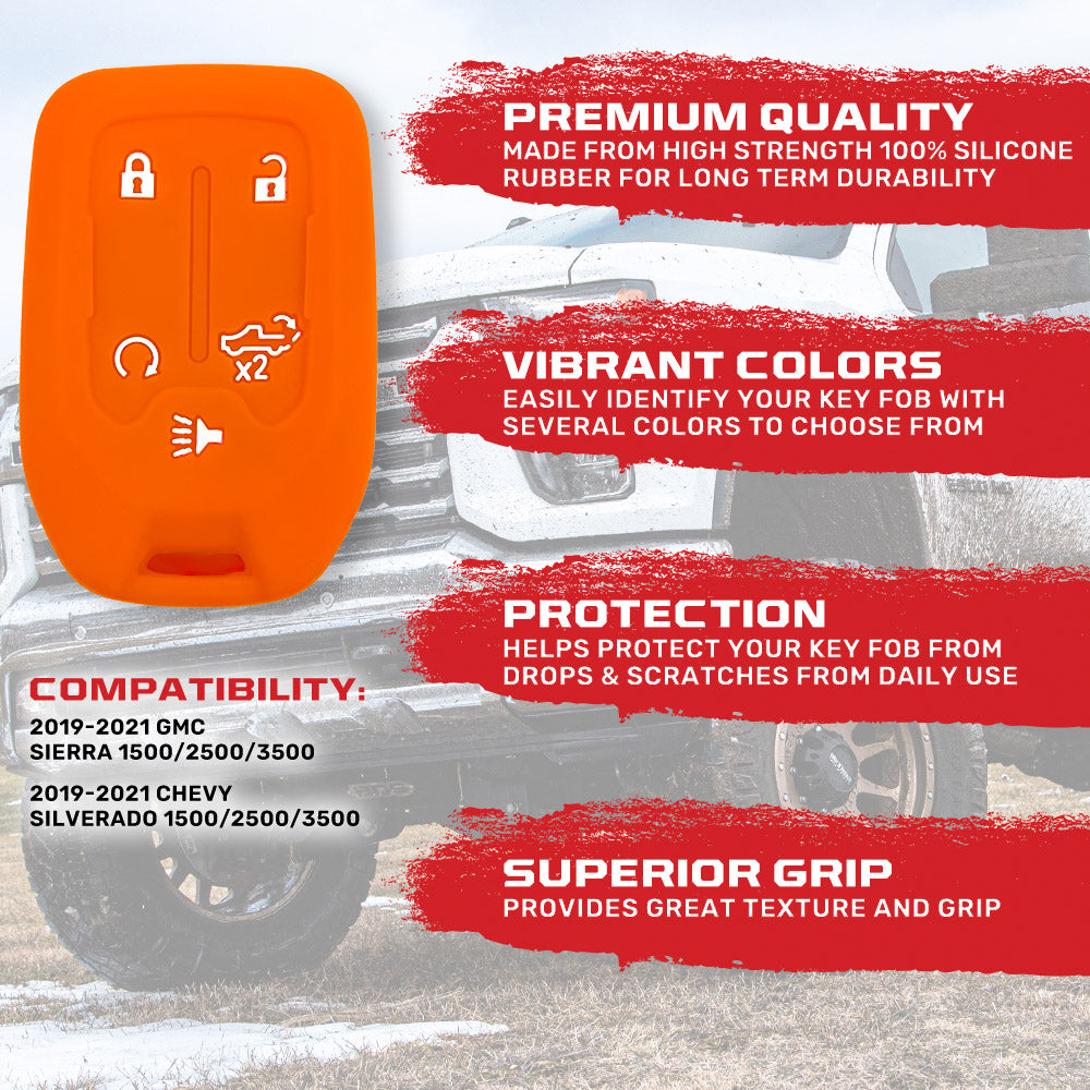 GMC & Chevy 2019-2021 Sierra/Silverado 1-Piece 100% Silicone Rubber Key Fob Cover - Multiple Colors - Durable Protection for Car Keys (Perfect for Daily Use, Travel & Outdoor Activities)