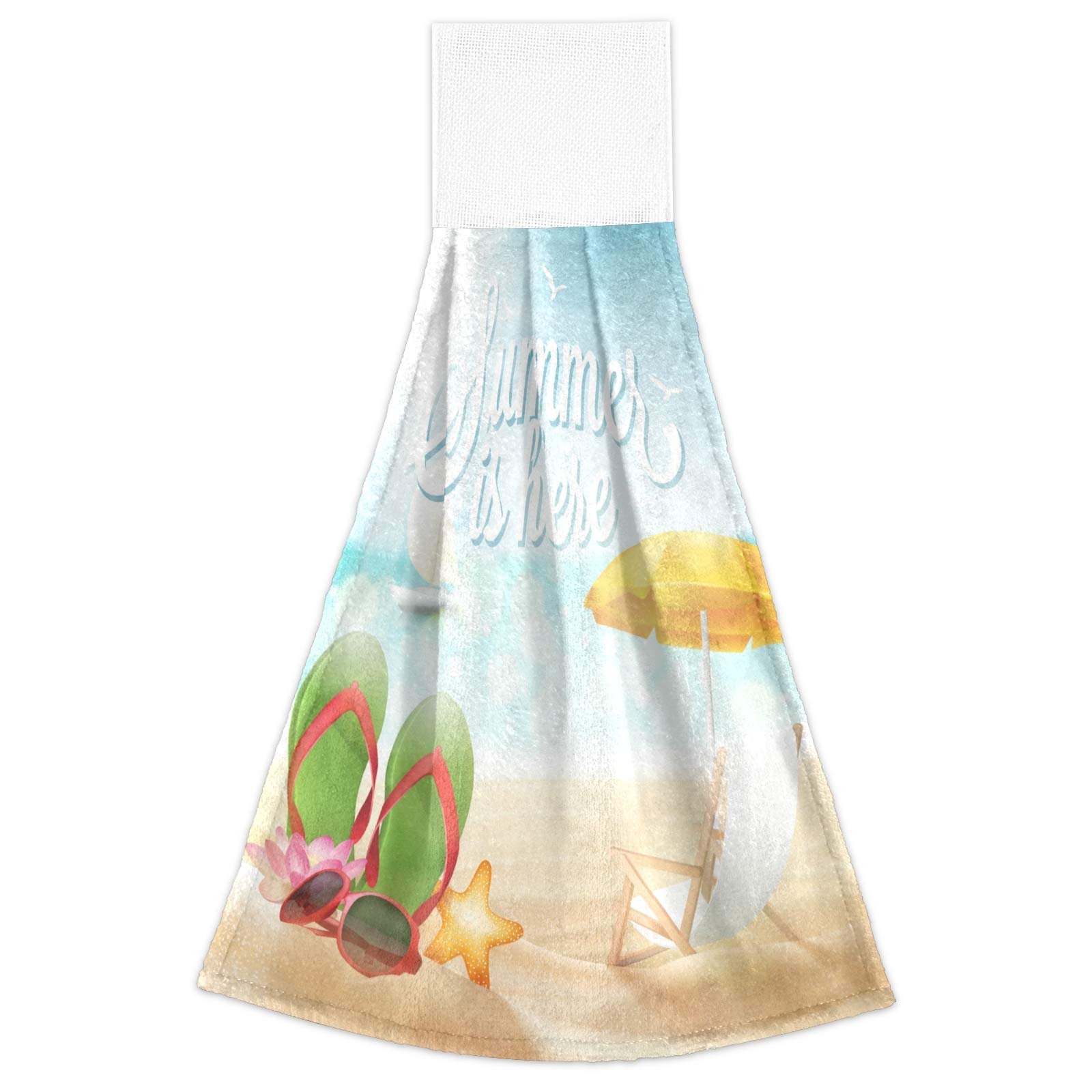 Boccsty Summer Beach Flip Flops & 2-Piece Hanging Hand Towels Set - Seashell Starfish Print Kitchen, Dish & Tea Towels for Bathroom, Farmhouse, Housewarming & Home Decor | Perfect for Beach Houses, Coastal Kitchens & Bathroom Accessories