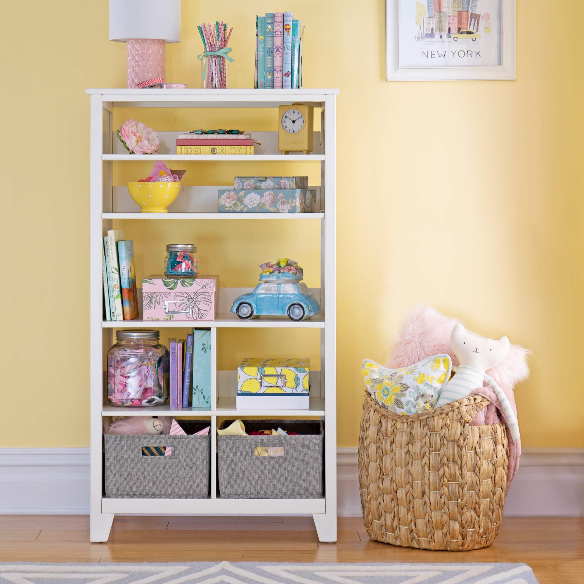 Martha Stewart Kids' Tall Bookcase - 48 Inch Wooden Storage Organizer with Fabric Bins, Creamy White - Perfect for Playroom, Bedroom & Nursery Organization