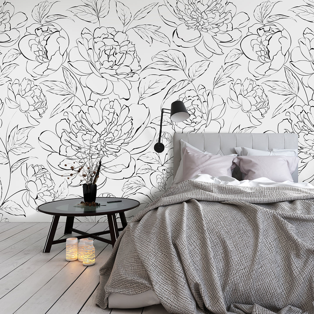 Black & White Line Art Peony Wall Mural CCM077 - Elegant Floral Wall Decal for Living Room, Bedroom & Office Decor