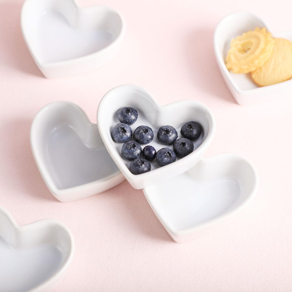 FUYU Colorful Heart Shaped Ceramic Ramekin Bowls - 4oz Mini Souffle Dishes, Pudding Cups & Snack Bowls for Desserts, Dips, Candles & Party Serving - Oven & Microwave Safe Kitchenware