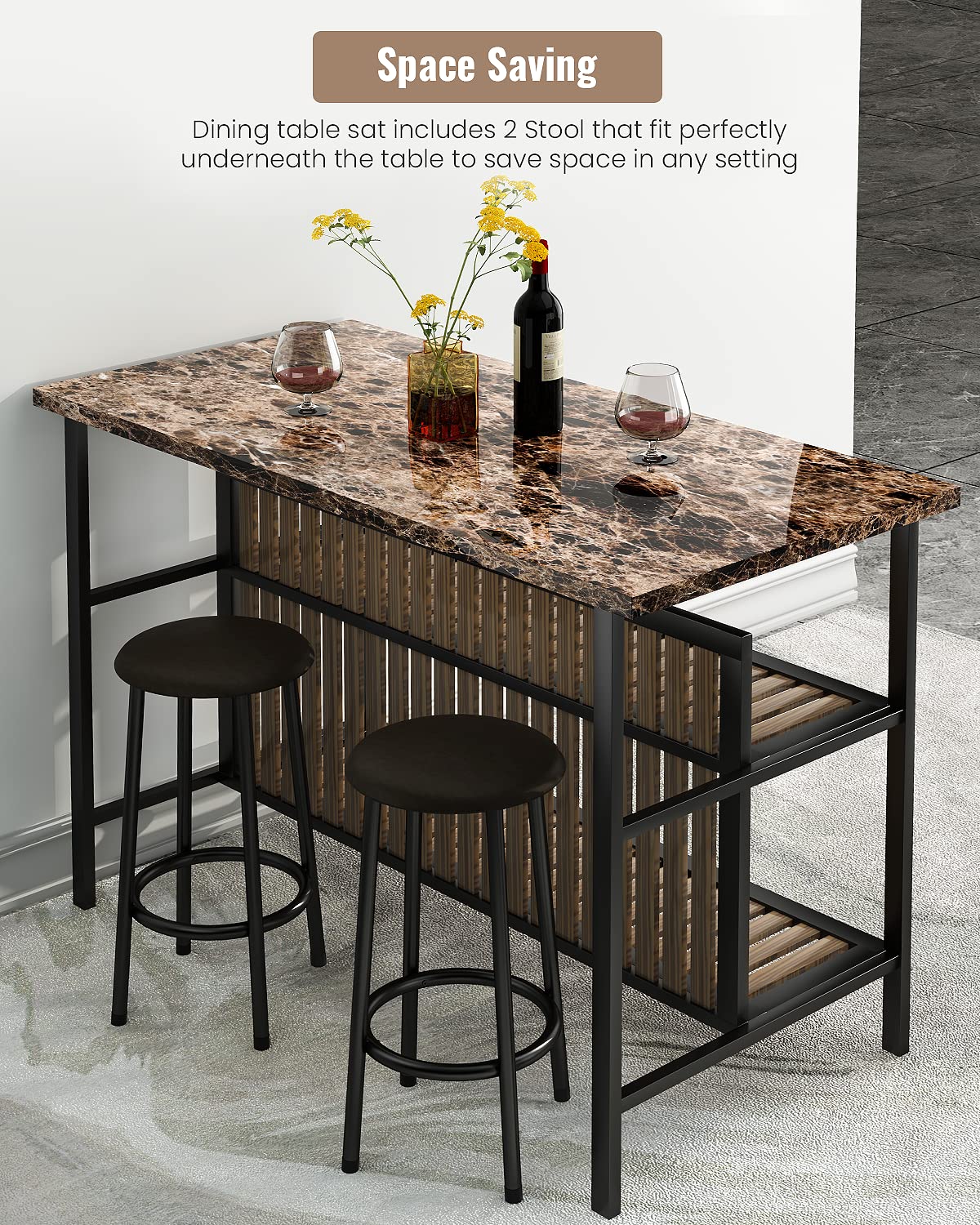 AWQM 3-Piece Wooden Bar Table Set with Storage & Seating - Kitchen Island Counter Height Dining Set in Brown - Perfect for Small Spaces, Breakfast Nook & Entertaining Guests