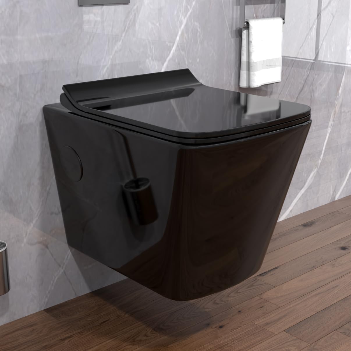 Premium Ceramic Wall-Mounted Rimless Western Toilet with Soft-Close Seat - Modern Black Glossy Bathroom Commode (P-Trap Outlet) for Home, Hotel & Luxury Spaces