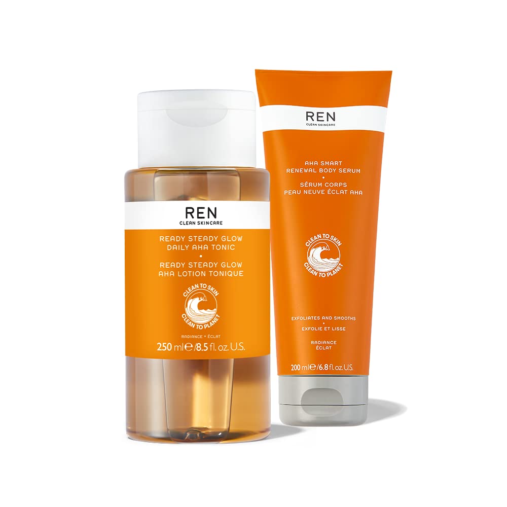 REN Clean Skincare AHA Face & Body Serum - Brightening Facial Treatment & Smart Renewal Body Exfoliator with AHAs/BHAs | Hydrates, Evens Skin Tone | Perfect for Daily Skincare Routine & Resurfacing Treatment