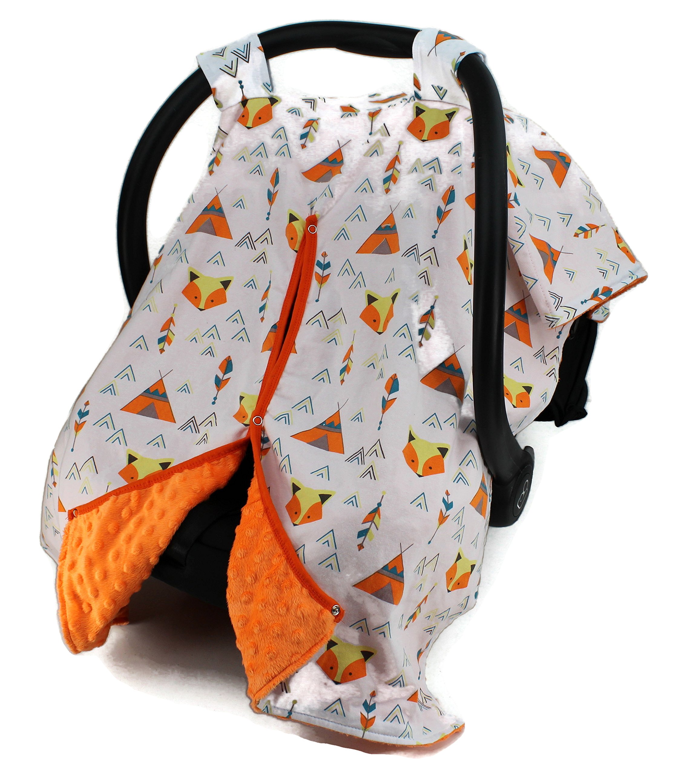 Dear Baby Gear Car Seat Canopy - Fox & Teepees Design, Soft Orange Minky Fabric for Infant Car Seat Cover - Perfect for Strollers, Travel & Outdoor Protection