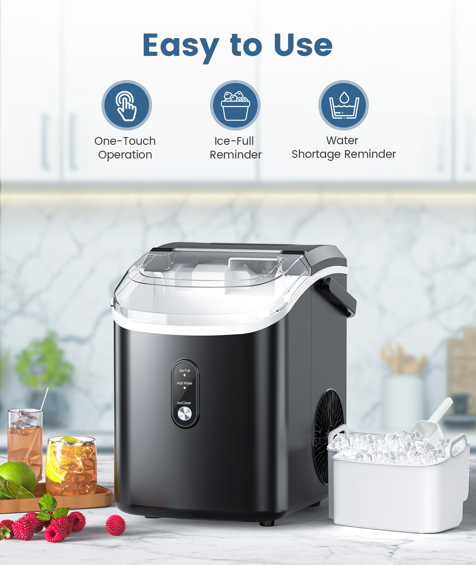COWSAR Countertop Nugget Ice Maker - 34Lbs/24H Pellet Ice Machine with Self-Cleaning & One-Click Operation, Soft Chewable Pebble Ice for Home, Kitchen, RV, Camping - Perfect for Cocktails, Sodas, and Outdoor Adventures