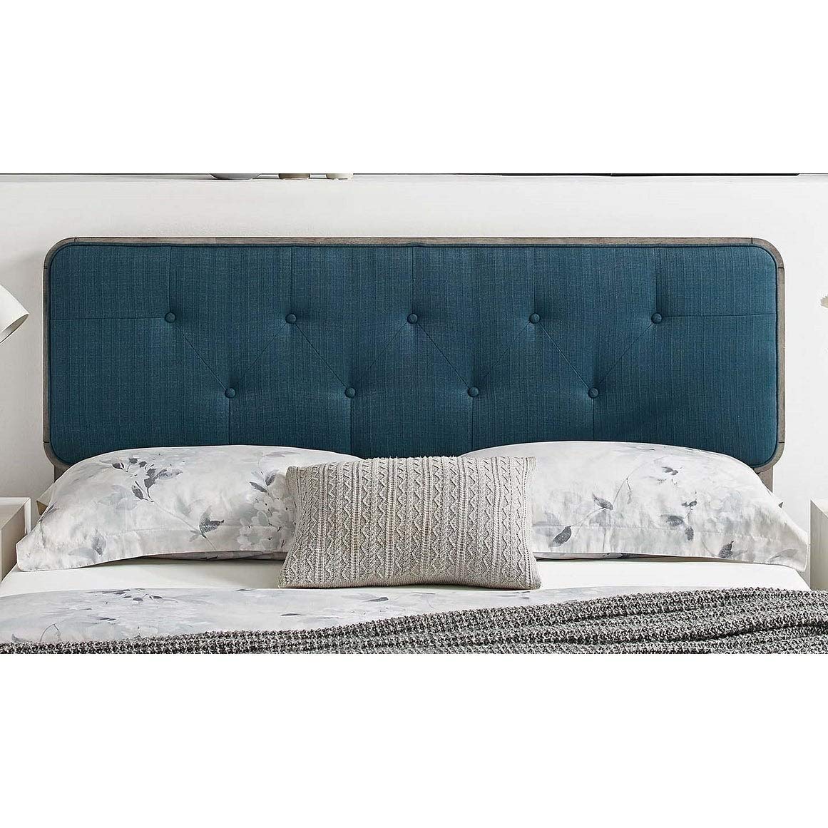 Traditional Blue Fabric Button Tufted Full Size Grey Wooden Headboard - Adjustable Height Modern Farmhouse Style Bed Frame for Master Bedroom, Guest Room & Home Decor