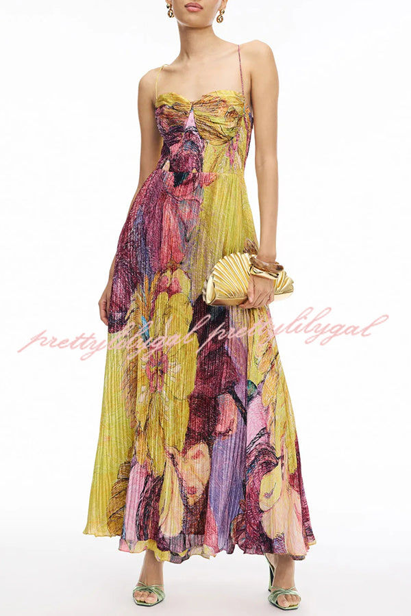 Elegant Floral Print Sweetheart Neck Pleated Maxi Dress for Women | Summer Beach Wedding Party Cocktail Dress