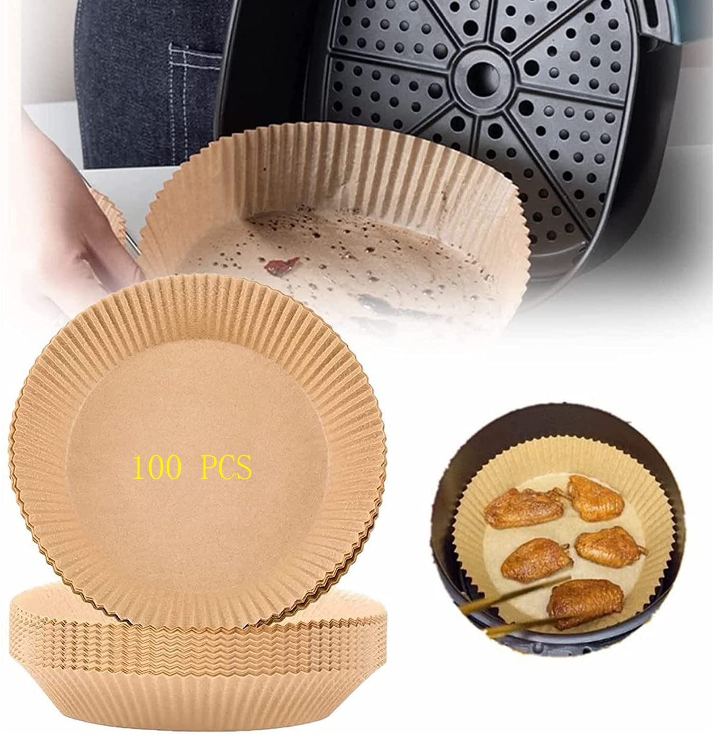 50PCS Non-Stick Air Fryer Disposable Paper Liners - Oil Proof, Waterproof for Baking, Roasting & Microwave - Perfect for Philips, Ninja, Cosori Air Fryers (7.9 Inch, Wood Pattern) - Ideal for Healthy Cooking & Easy Cleanup