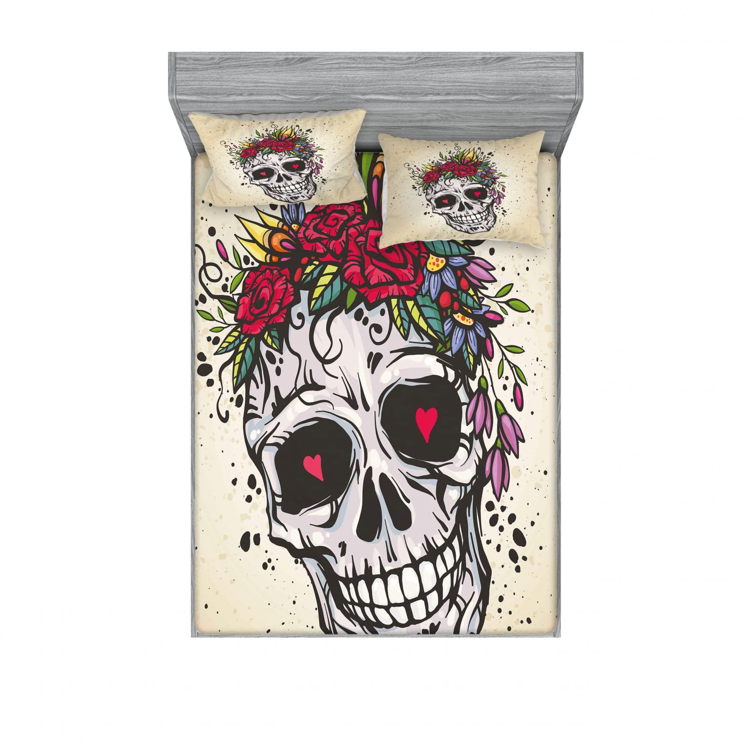 Ambesonne Sugar Skull 2-Piece Queen Fitted Sheet Set with 4 Bohemian Pillow Shams - Vibrant Multicolor Day of the Dead Bedding Collection for Boho Chic Bedroom Decor | Perfect for Halloween, Día de Muertos Celebrations & Eclectic Home Styling