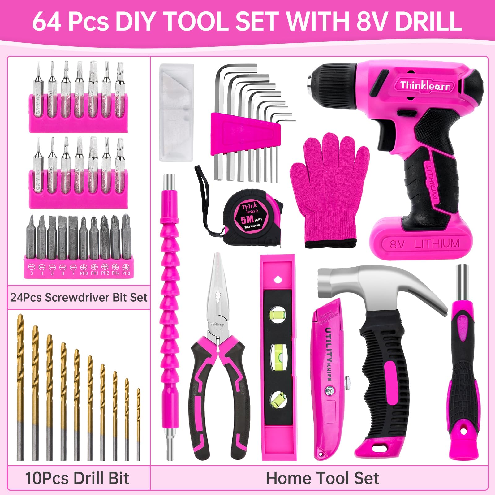 64PCS Pink Tool Set with Cordless Drill - 8V Power Drill & Electric Screwdriver Kit for Women, 3/8