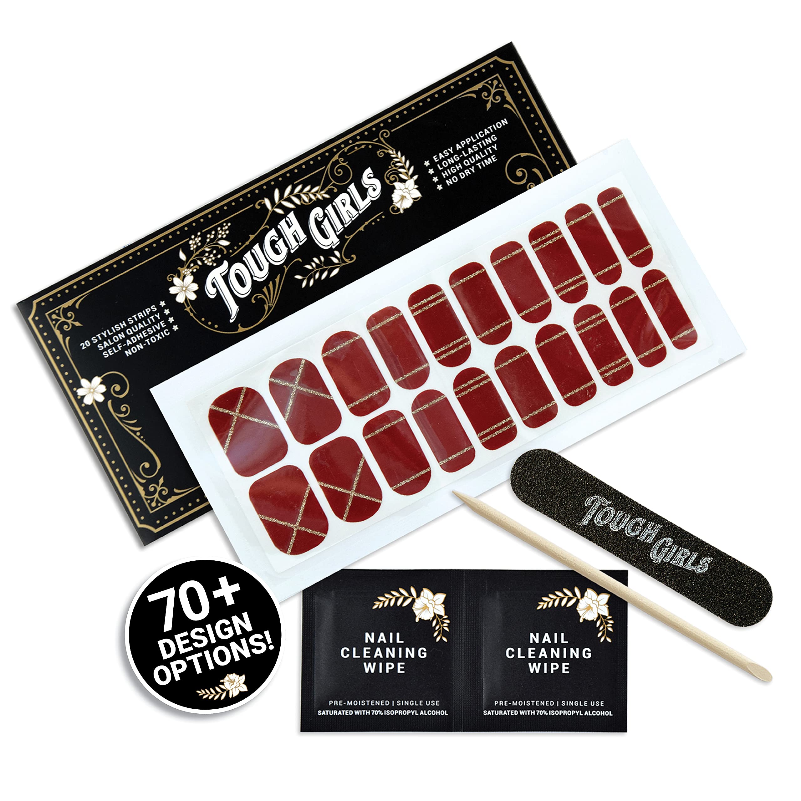 20 Exquisite Gel Nail Polish Strips with Application Accessories - No UV/LED Lamp Needed (Burgundy & Gold Holiday Collection) - Perfect for Christmas Parties, New Year Celebrations & Special Occasions