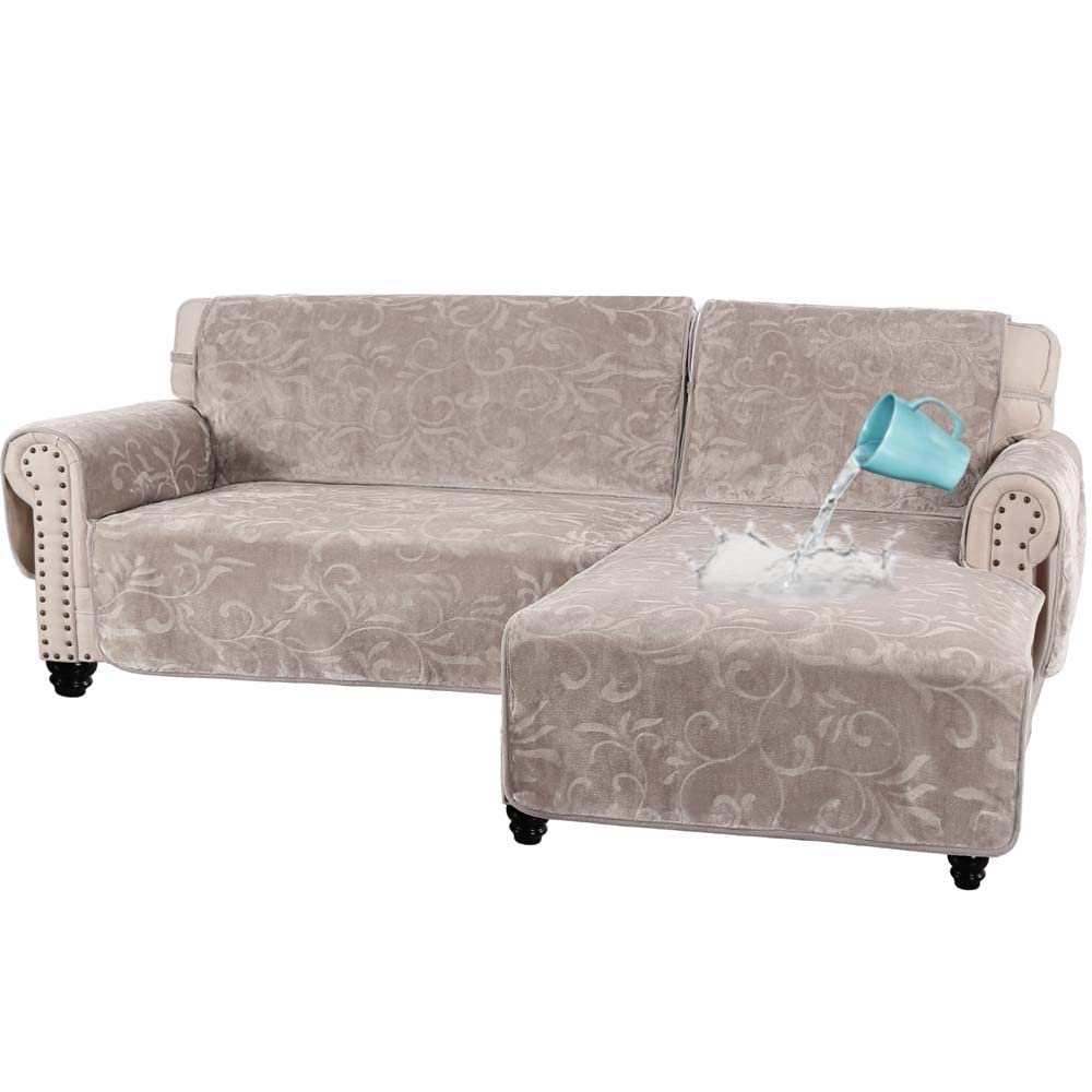 YXZN Velvet Left Sectional Sofa Slipcover - 100% Waterproof Right Arm Chaise Lounge Cover, Furniture Protector with Straps for Pets & Kids (Taupe, Large) - Perfect for Living Room, Family Room & Pet-Friendly Homes