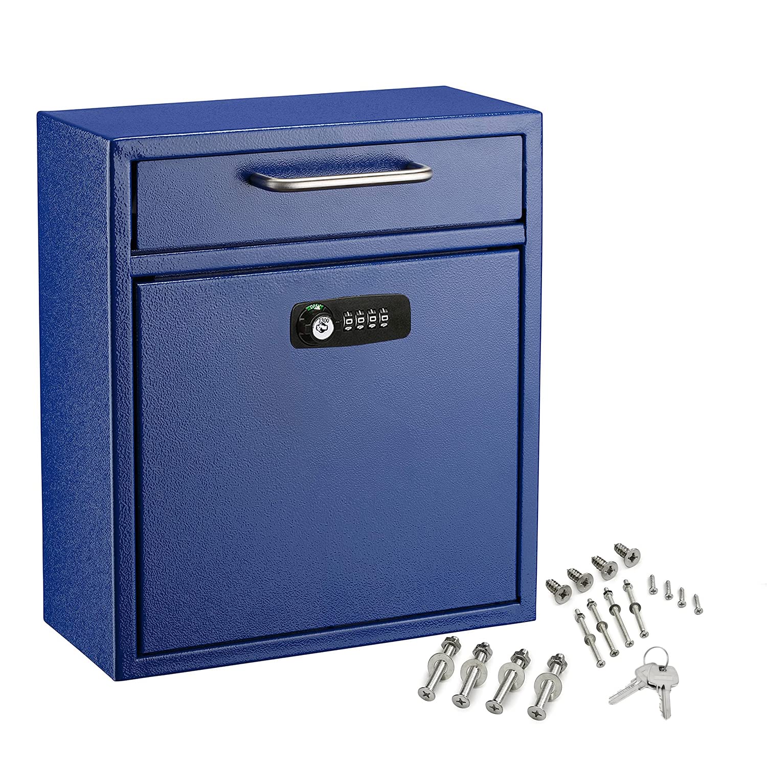 AdirOffice Ultimate Wall-Mounted Mailbox with Key Lock - Secure Drop Box for Mail, Packages & Payments - Durable Weatherproof Outdoor Mail Slot - Perfect for Home, Office & After-Hours Deposits (Medium, Blue)