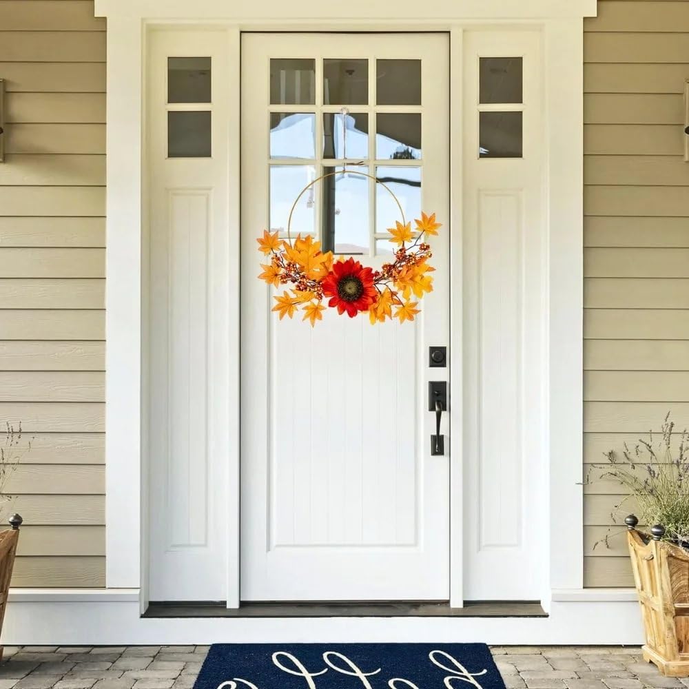 Autumn Sunflower Gold Wreath - Fall Home Decor Wreath for Front Door, Wall, Fireplace - 1 Piece Floral Decoration for Thanksgiving, Harvest Season