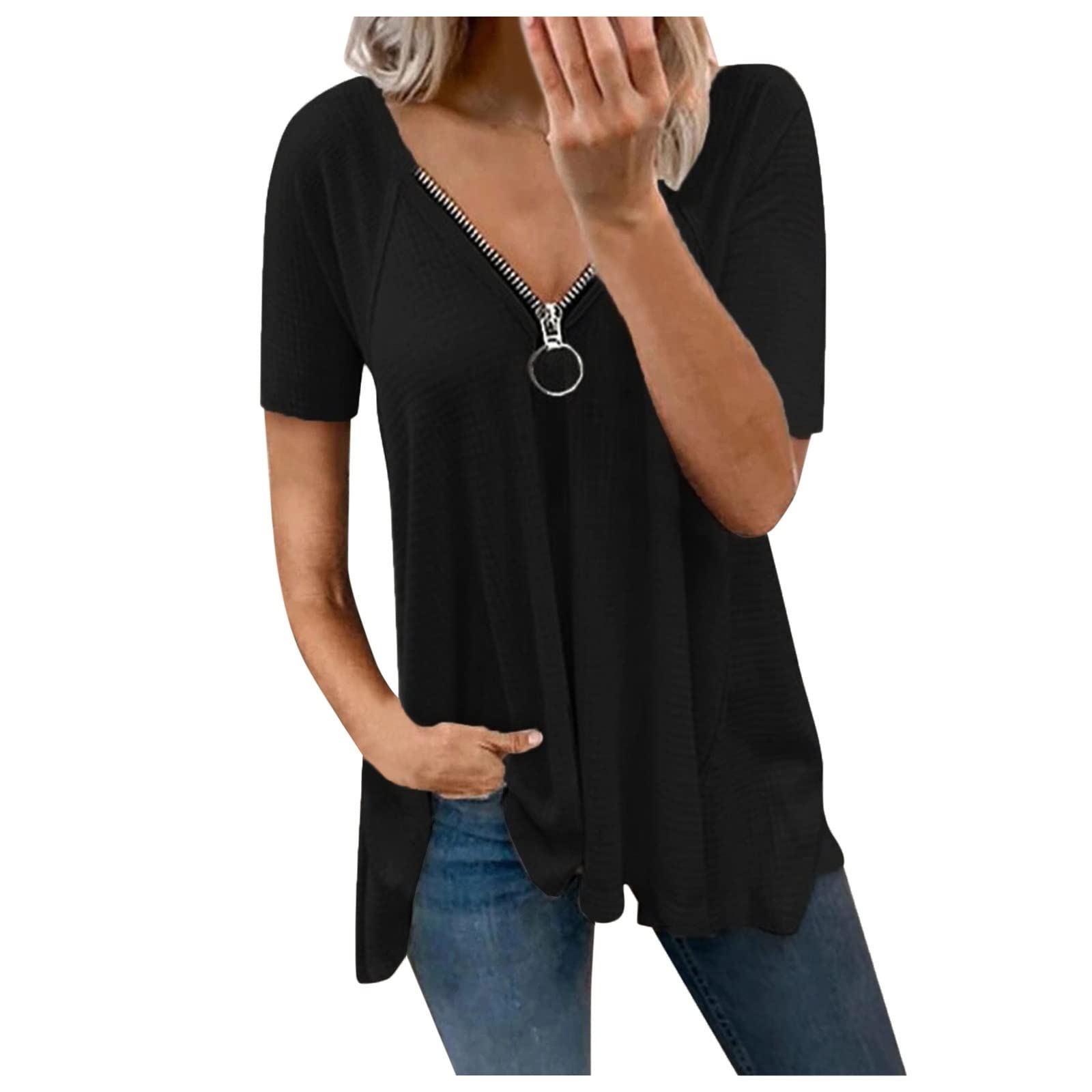 Sexy V-Neck Zipper Blouse for Women - Solid Color Short Sleeve Casual Tops & Tank Tops | Perfect for Date Night, Office Wear & Summer Outfits