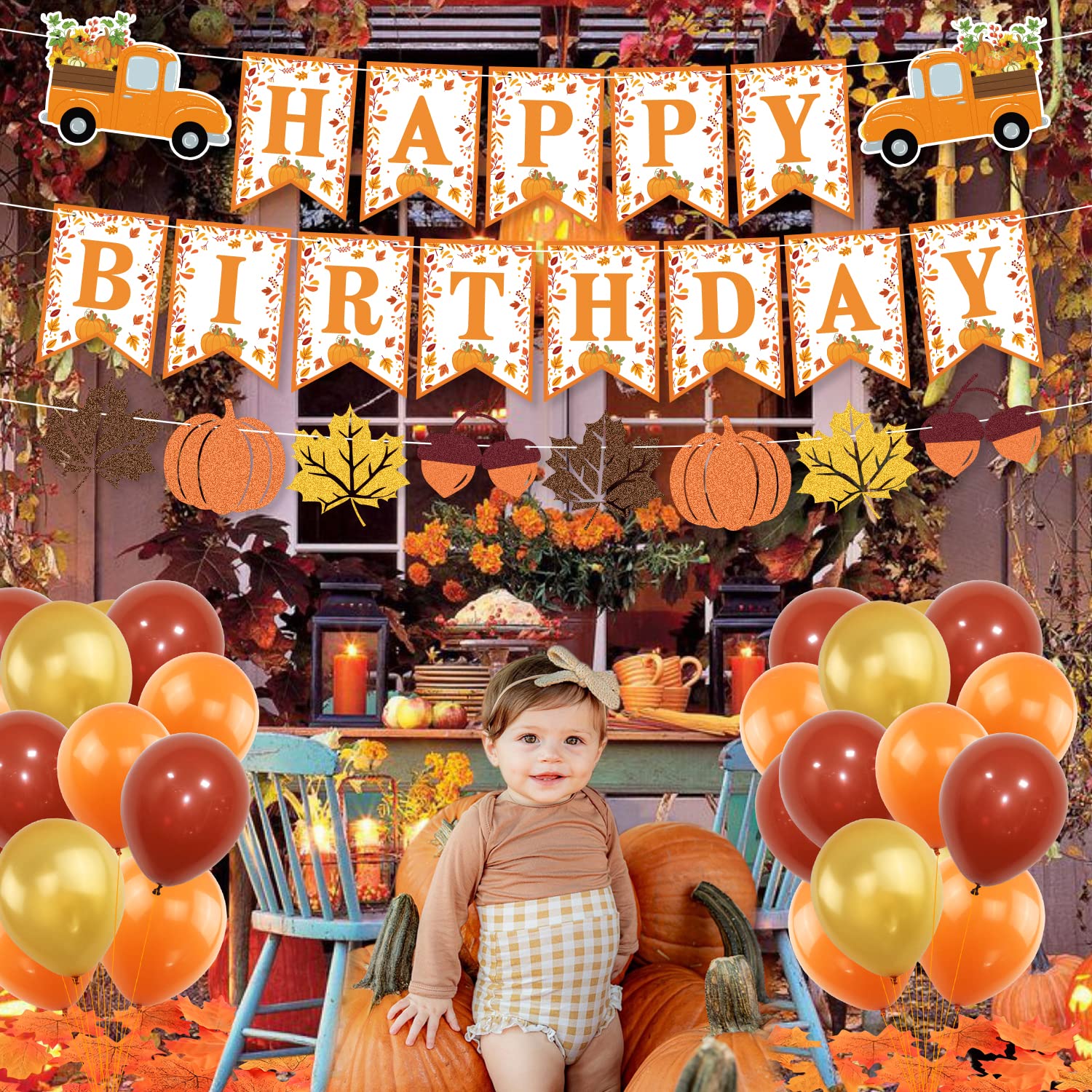K KUMEED Fall Party Decorations - Little Pumpkin Banner, Maple Leaves Cake Topper & Latex Balloons for Baby Shower, Birthday, Thanksgiving | Autumn Theme Party Supplies for Home & Outdoor Decor