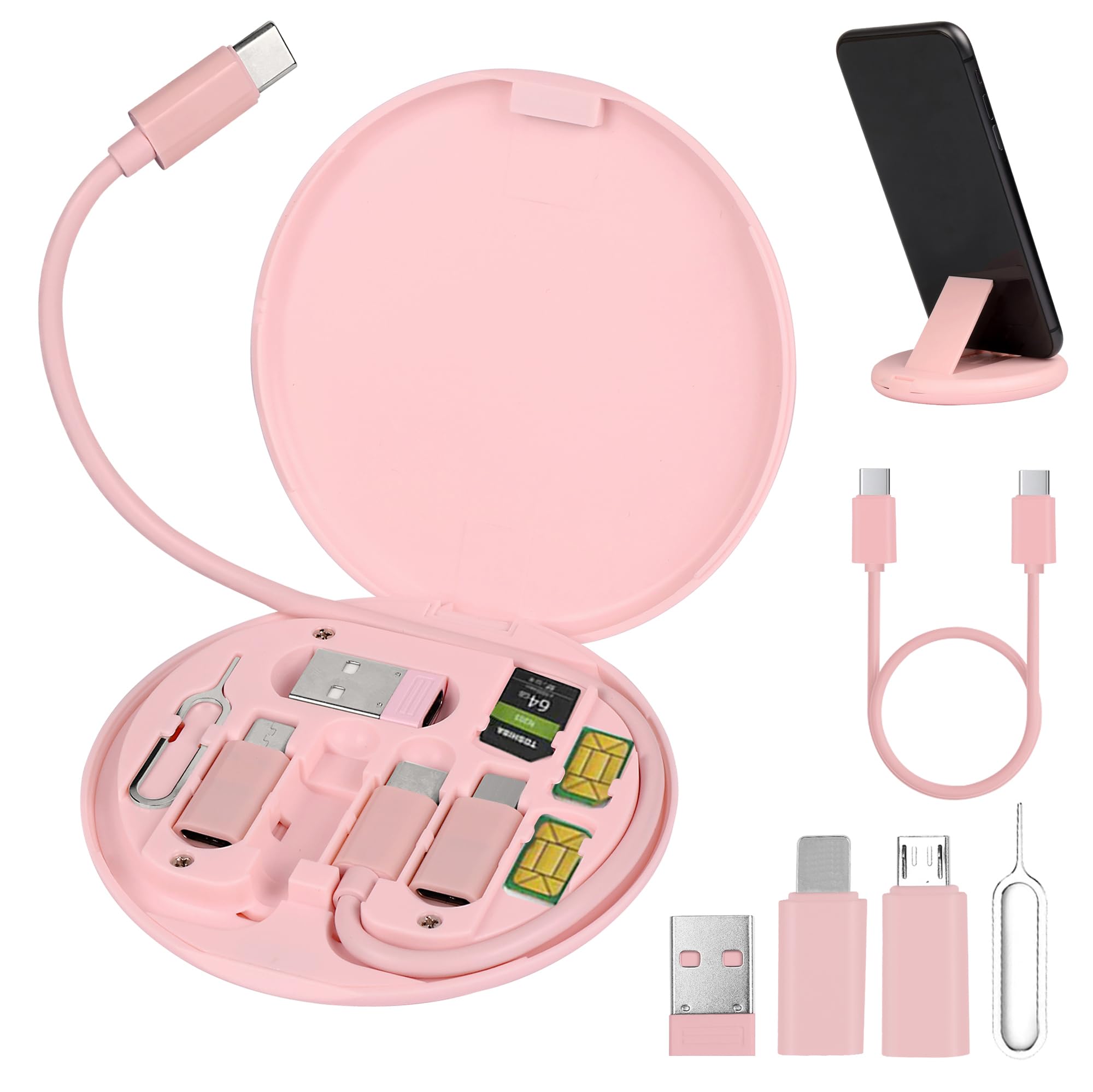 Evron USB C Adapter OTG - 3-in-1 Multi Charging Cable Converter Set with USB A to Micro USB, Type C to Micro USB, Data Transfer, SIM Card Pin & Phone Holder (Pink) - Perfect for Travel, Office & Home Charging Solutions