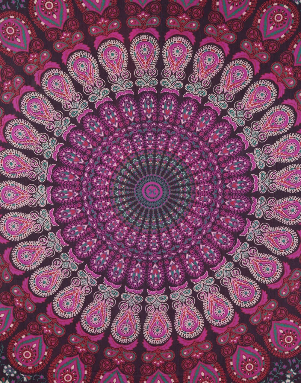 Bohemian Psychedelic Golden Mandala Tapestry - Indian Hippie Wall Hanging & Bedding Decor (50x80 Inches, Twin/Queen Size, MT Pink Mirchi) | Perfect for Bedroom, Living Room, Dorm & Festival Decor
