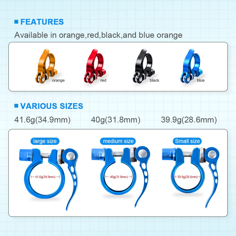 Aluminum Alloy Quick Release Bike Seatpost Clamp - 28.6mm/31.8mm/34.9mm Adjustable Bicycle Seat Tube Clip for Road & Casual Bikes (34.9mm, Blue) - Perfect for Commuting, Leisure Riding & Bike Maintenance