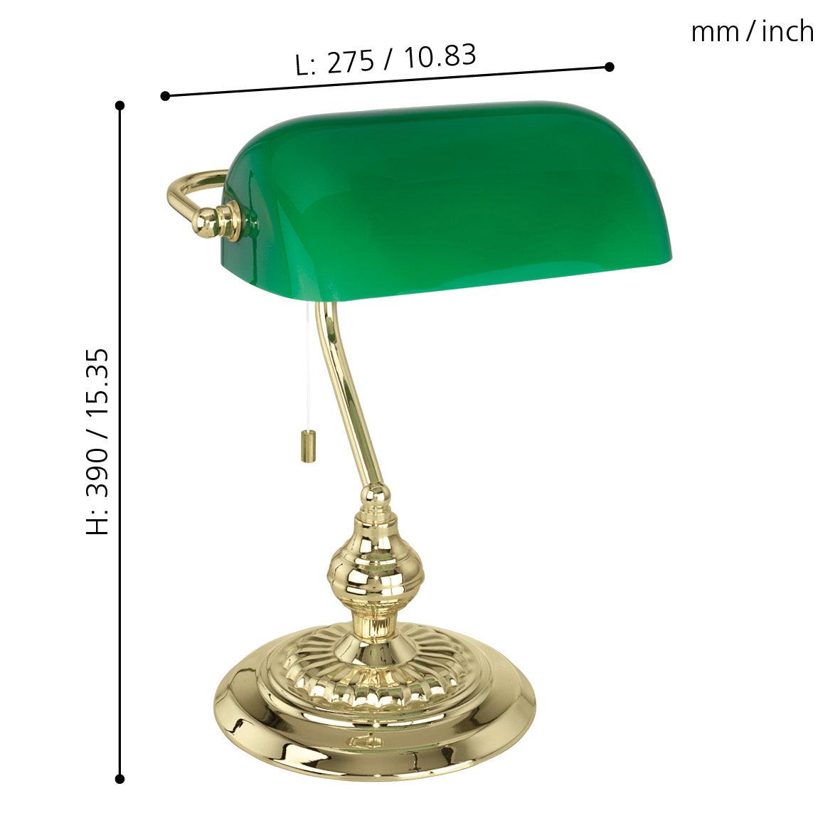 Eglo Banker Brass Bankers Table Lamp with Green Shade - Vintage Style Desk Lamp for Home Office, Study Room, or Library Lighting