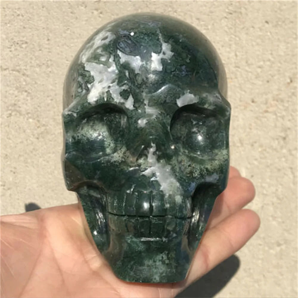 Natural Moss Agate Skull Crystal Quartz Mineral Specimen - Healing Energy Stone for Reiki, Meditation & Spiritual Decor - Unique Gemstone Gift for Collectors & Holistic Practitioners